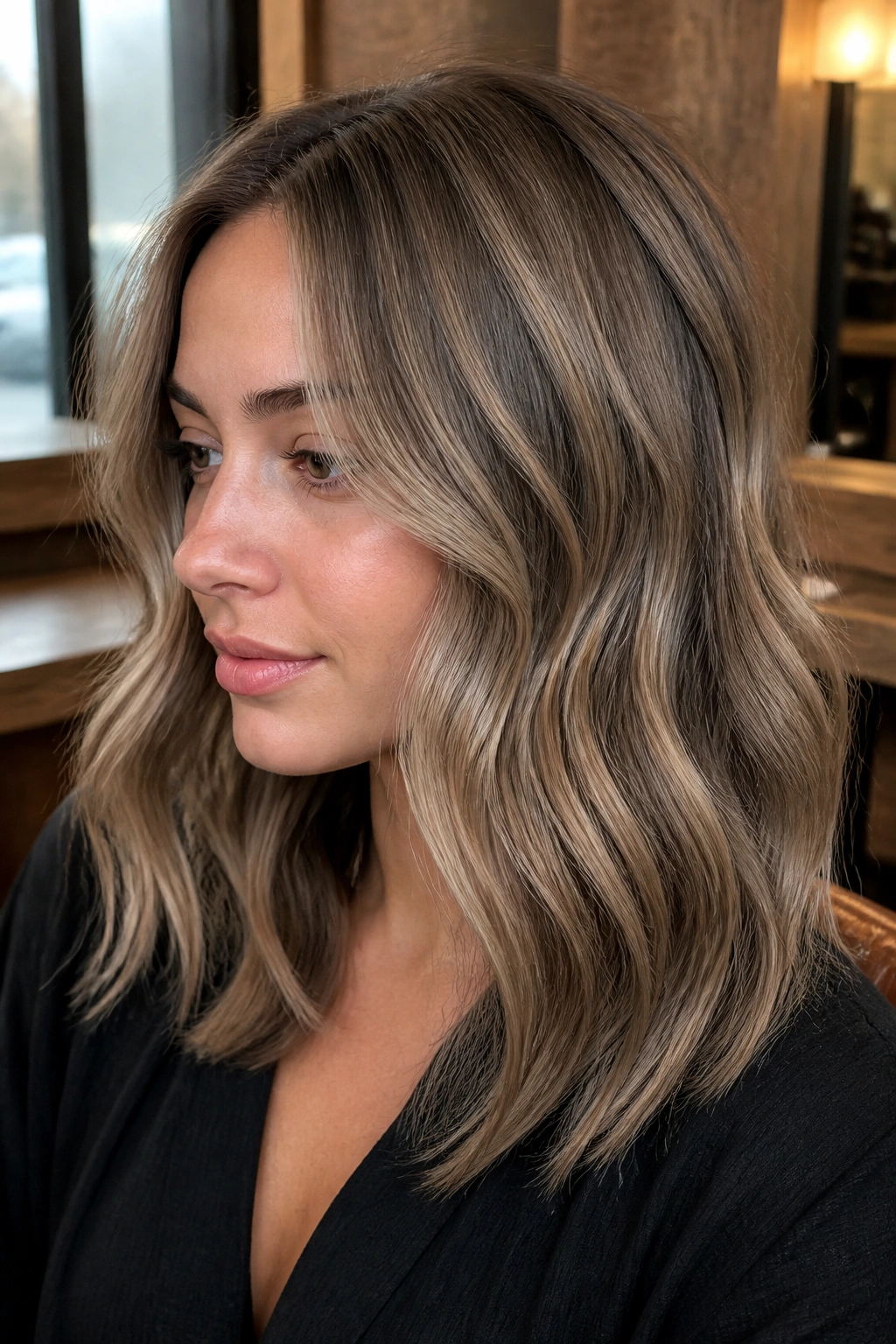 Close-up of mushroom dirty blonde hairstyle on a real person in a warm salon setting