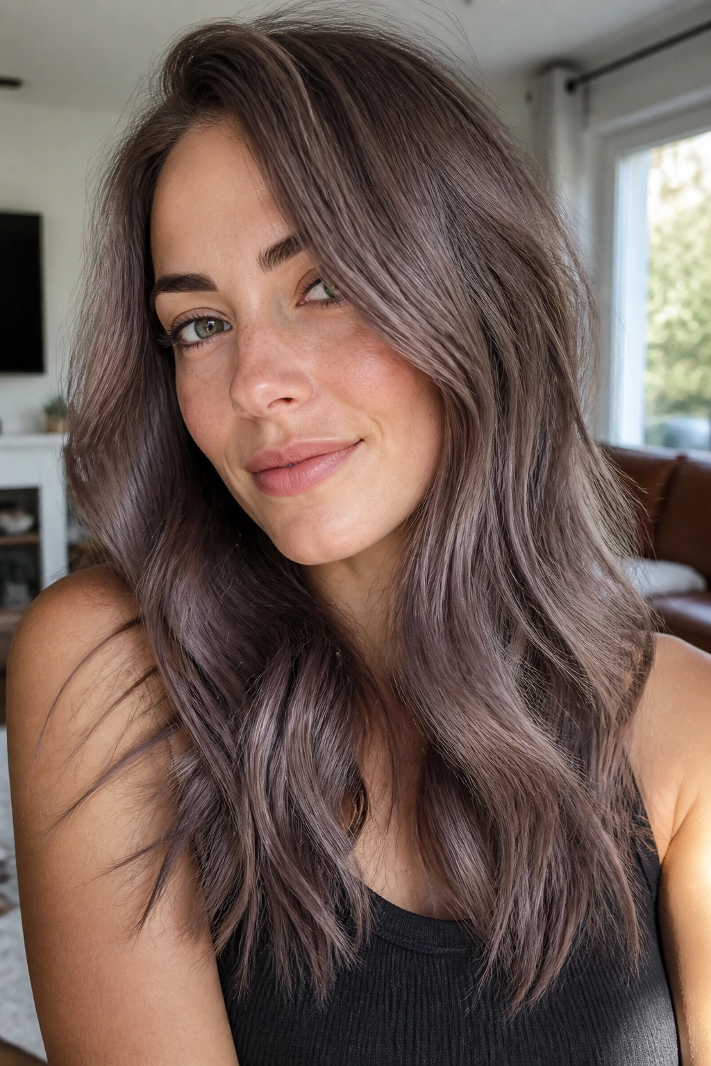 Close-up portrait of a real woman with mushroom lilac grey brunette hair.