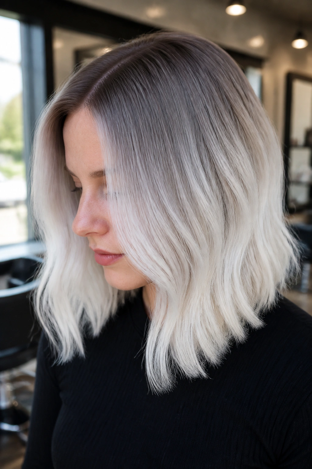 Close-up of a real woman with mushroom-root fading to white lengths.