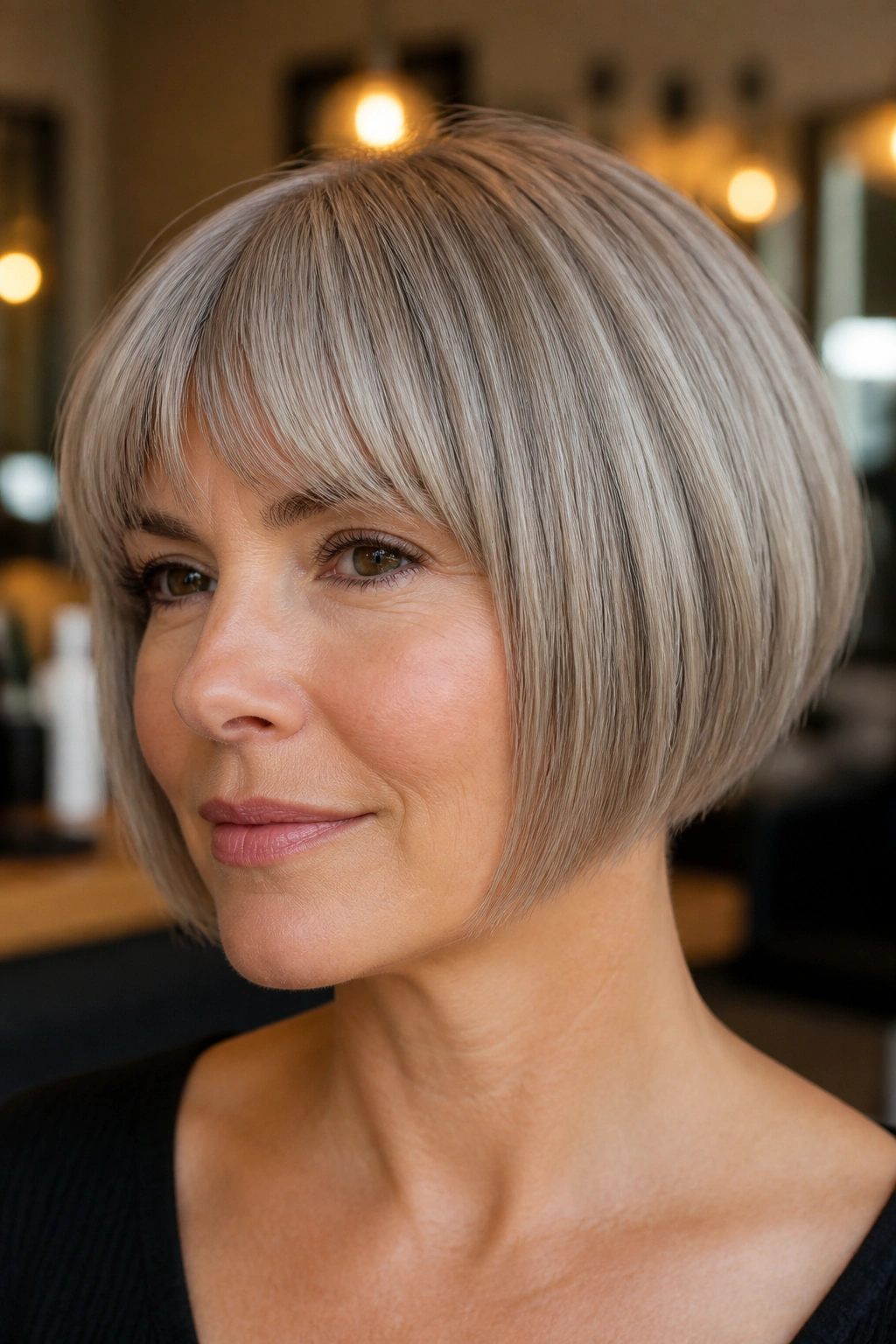 Real person with mushroom silver bob and beige low-lights