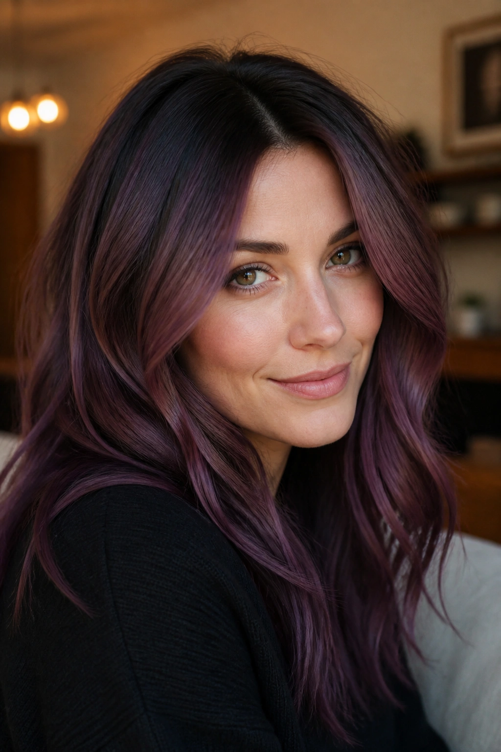 Close-up of muted plum hair with smoky root on a real woman