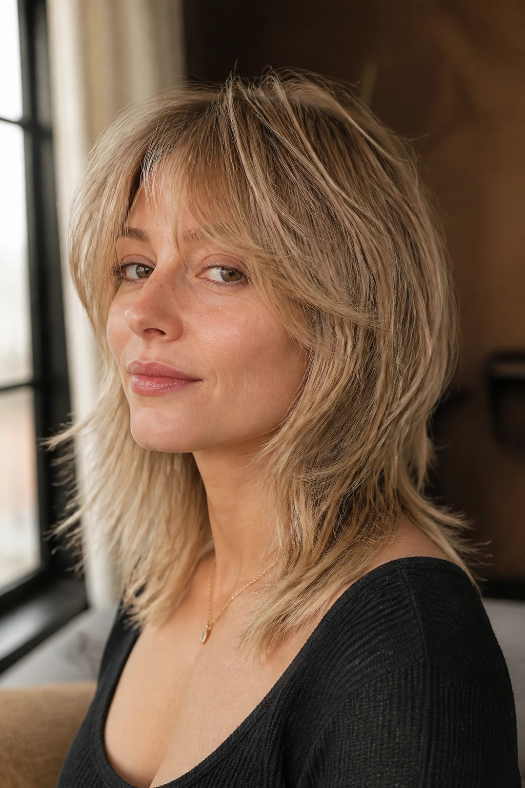 Close-up portrait of a real woman with muted wheat blonde wolf cut and soft mullet length, softly lit by window light