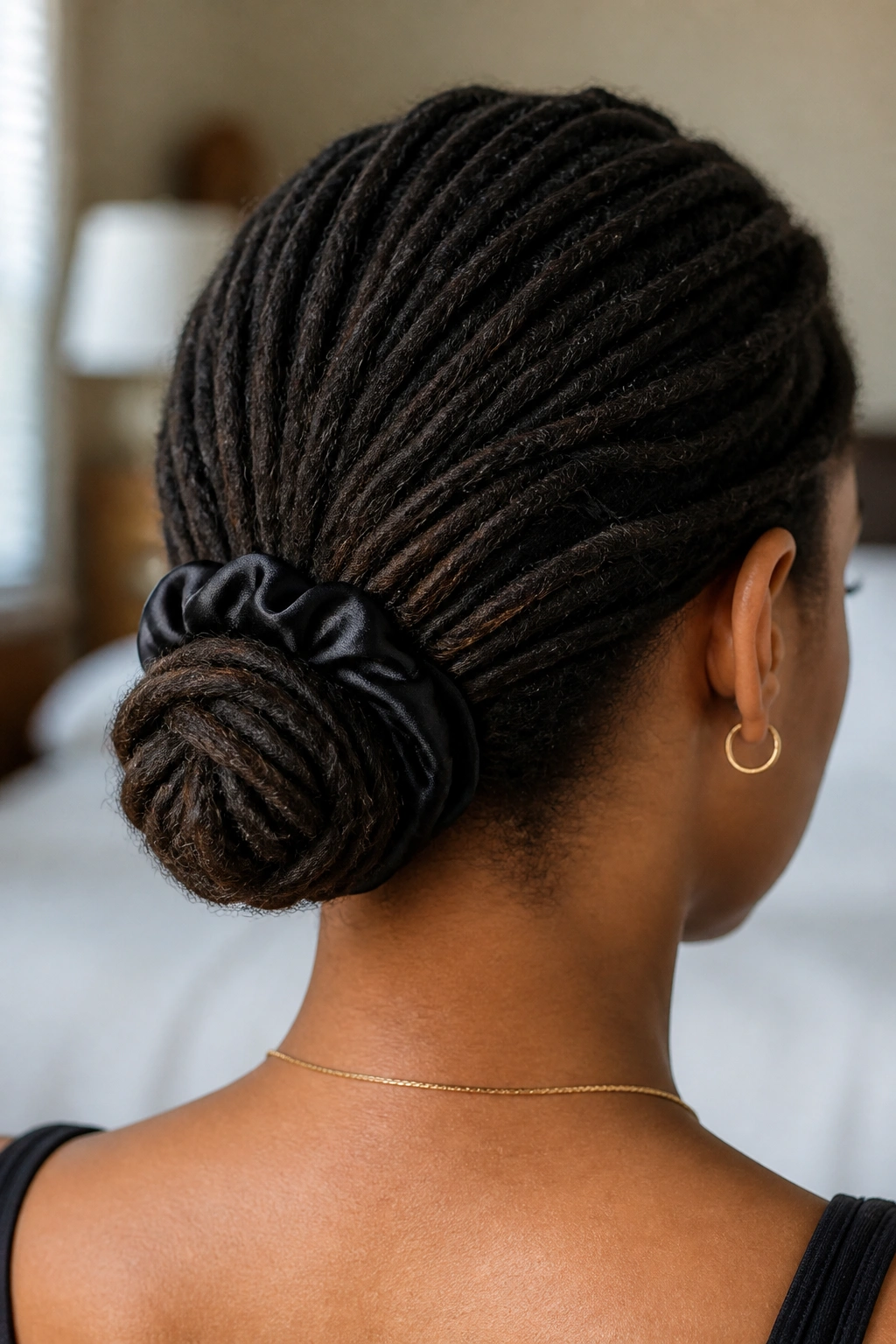 Close-up back-of-head portrait of a woman with a low-tension nape bun at the occipital bone, satin scrunchie visible