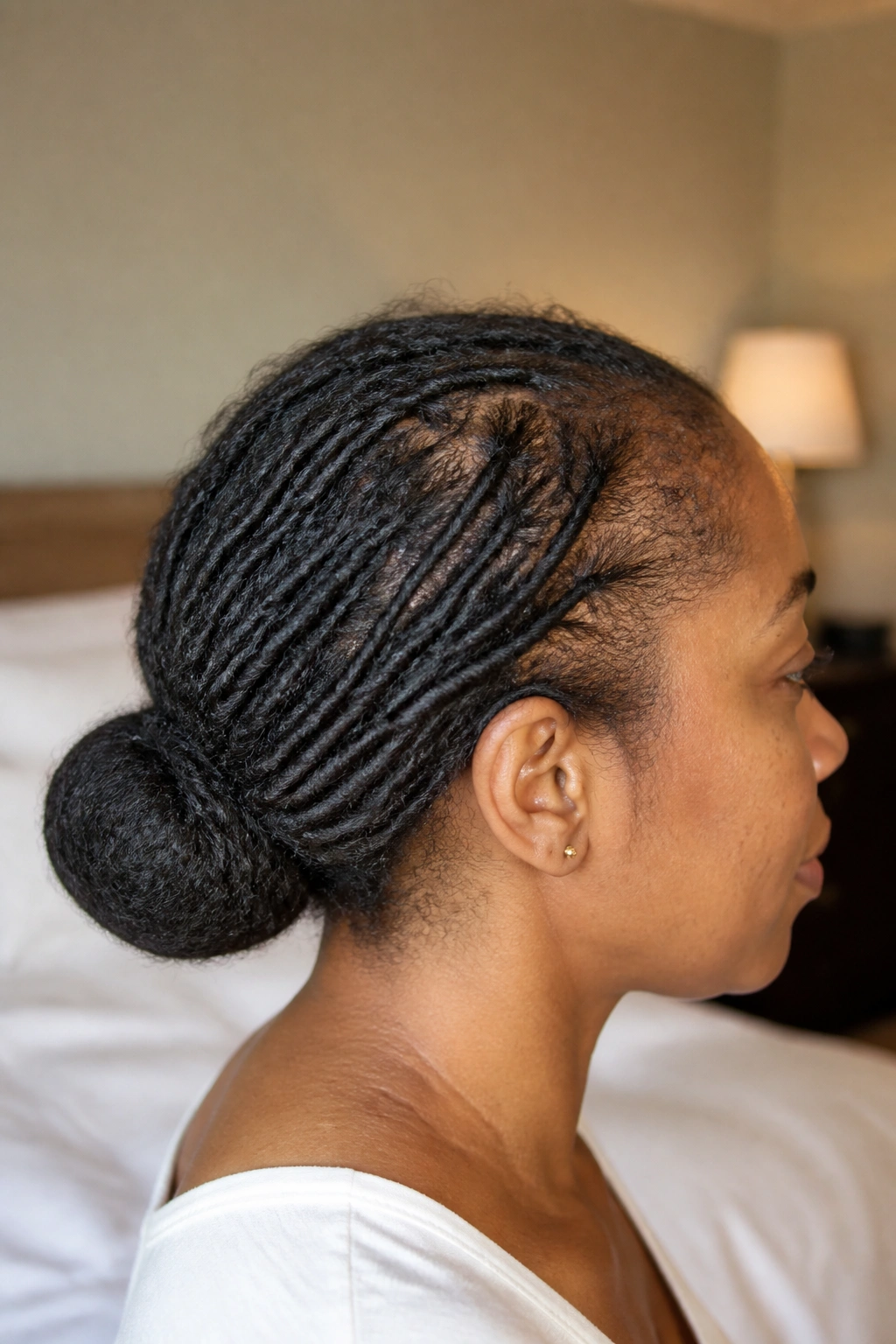Close-up of a real woman with a low nape bun and loose crown.