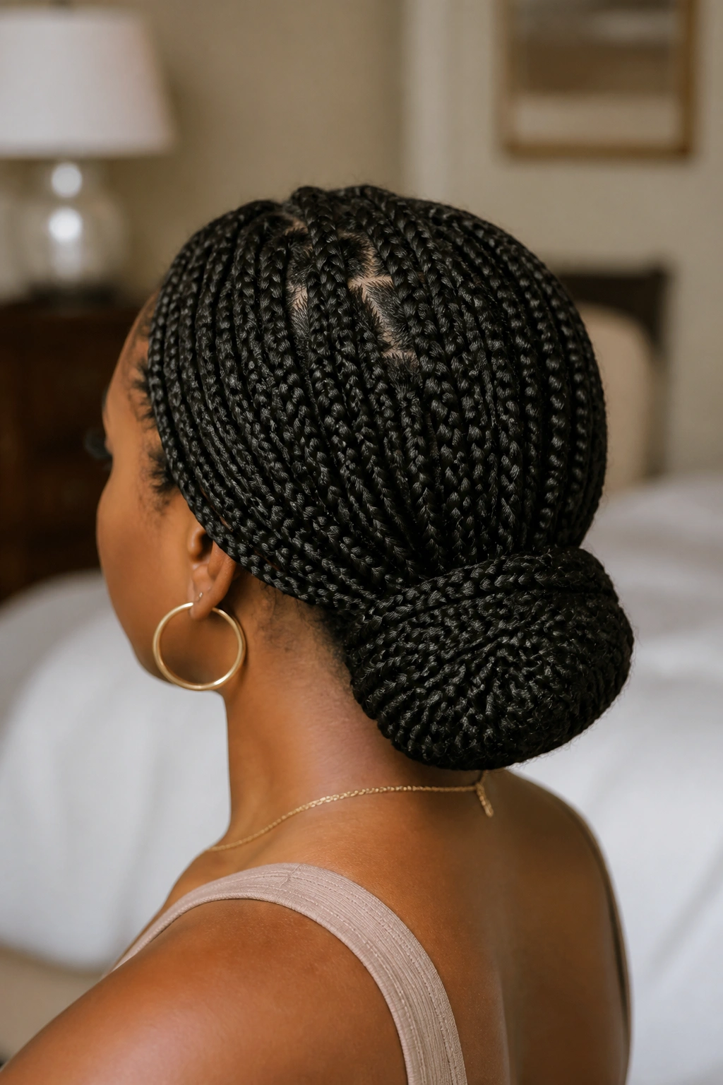 Rear side view of wrapped chignon at the nape on a real person