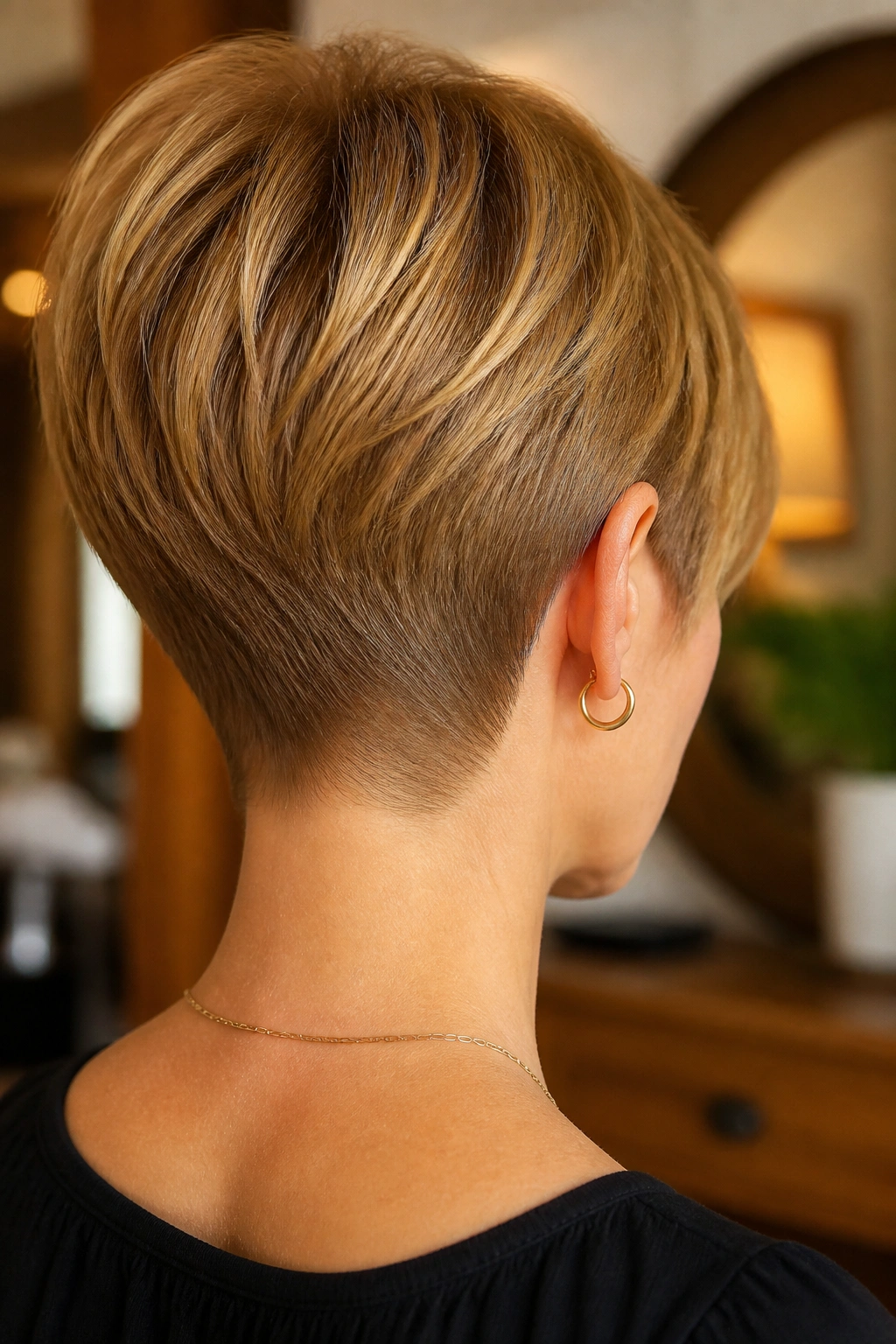 Back view of real woman's head with a nape-hugging pixie.