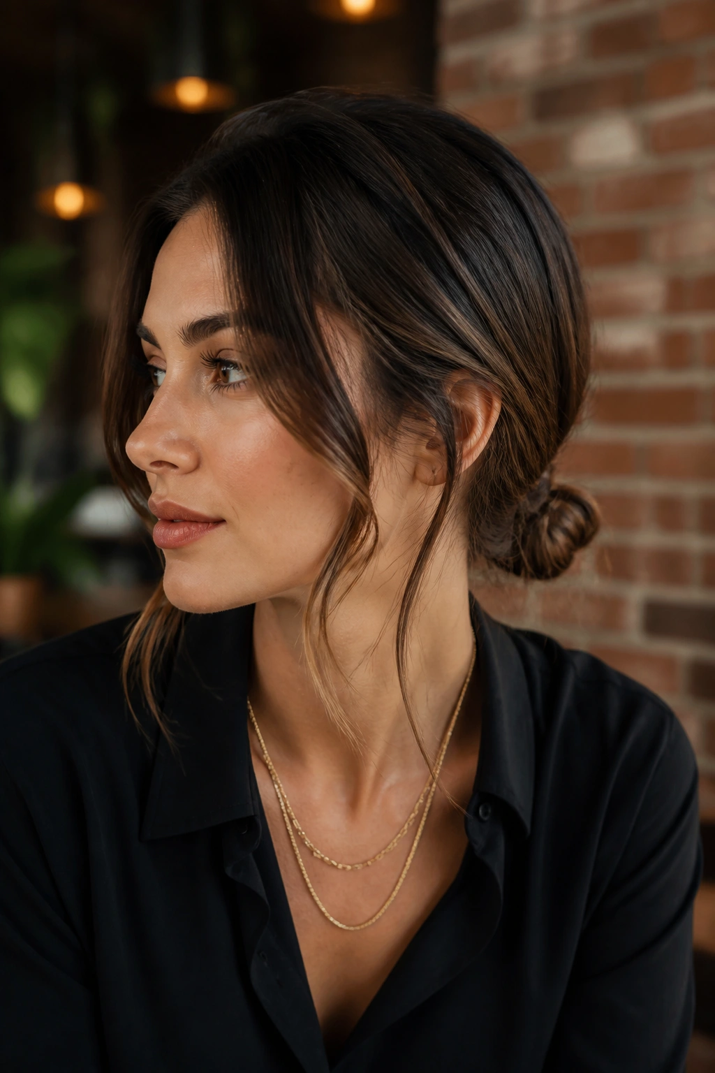 Three-quarter portrait showing a nape knot with face-framing strands
