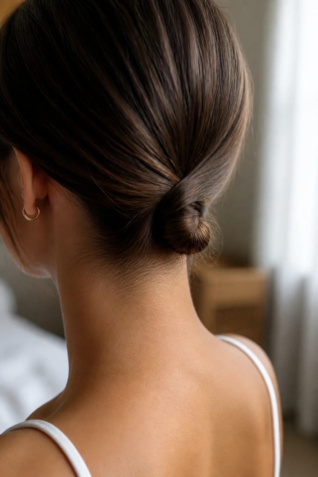 Close-up of a minimalist nape knot at the back of a real person's neck