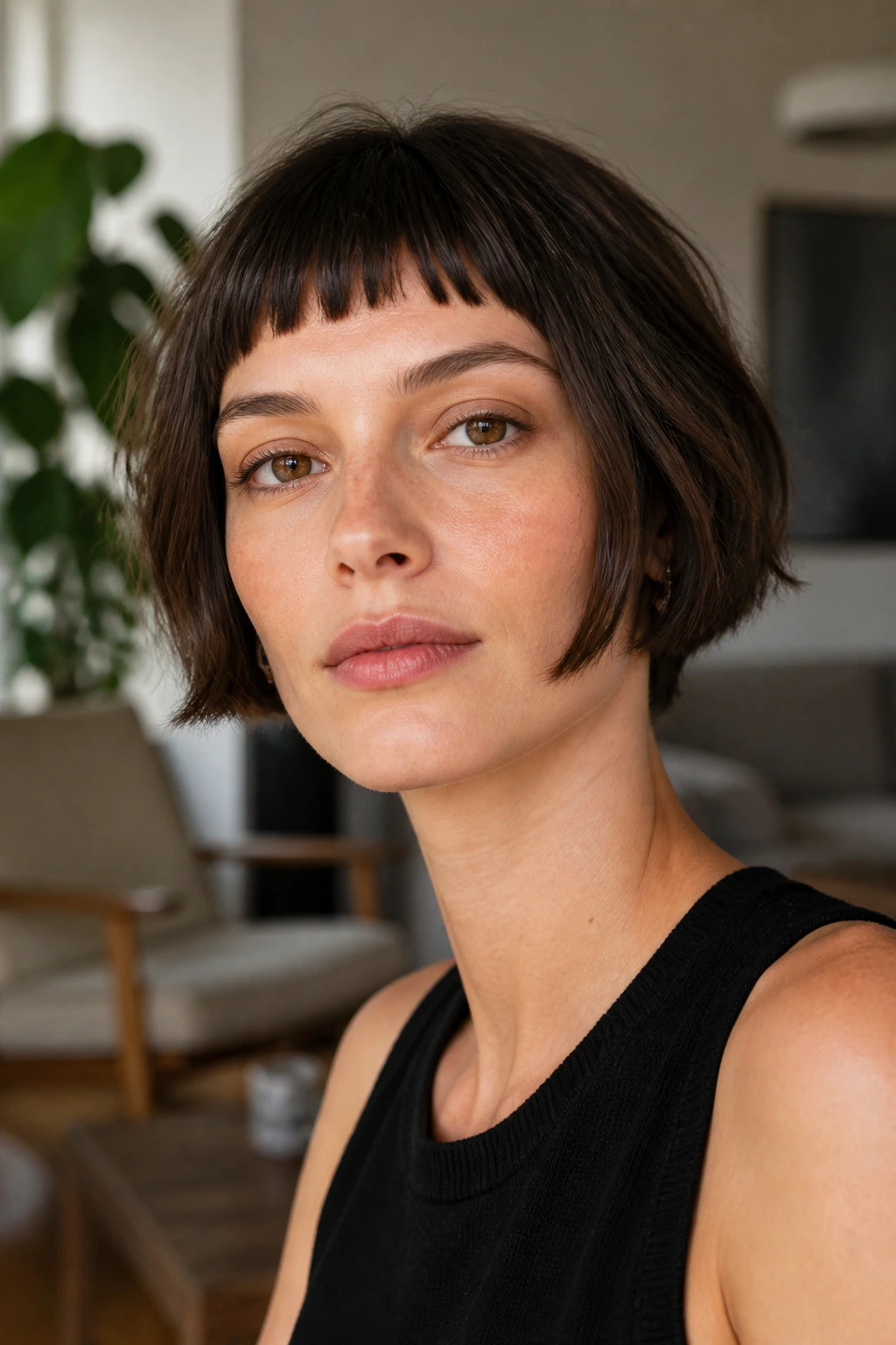 Front-facing portrait of a real woman with nape-length bob cropped fringe in modern living room light