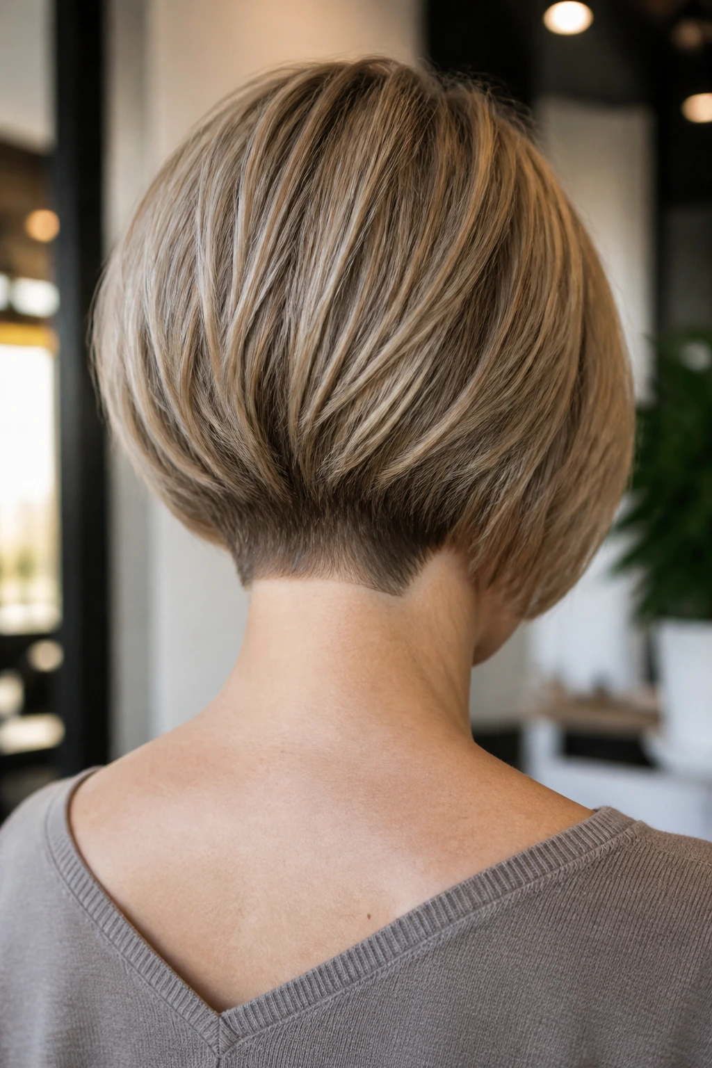 Back view of a real person with a nape-length bob and tapered neckline