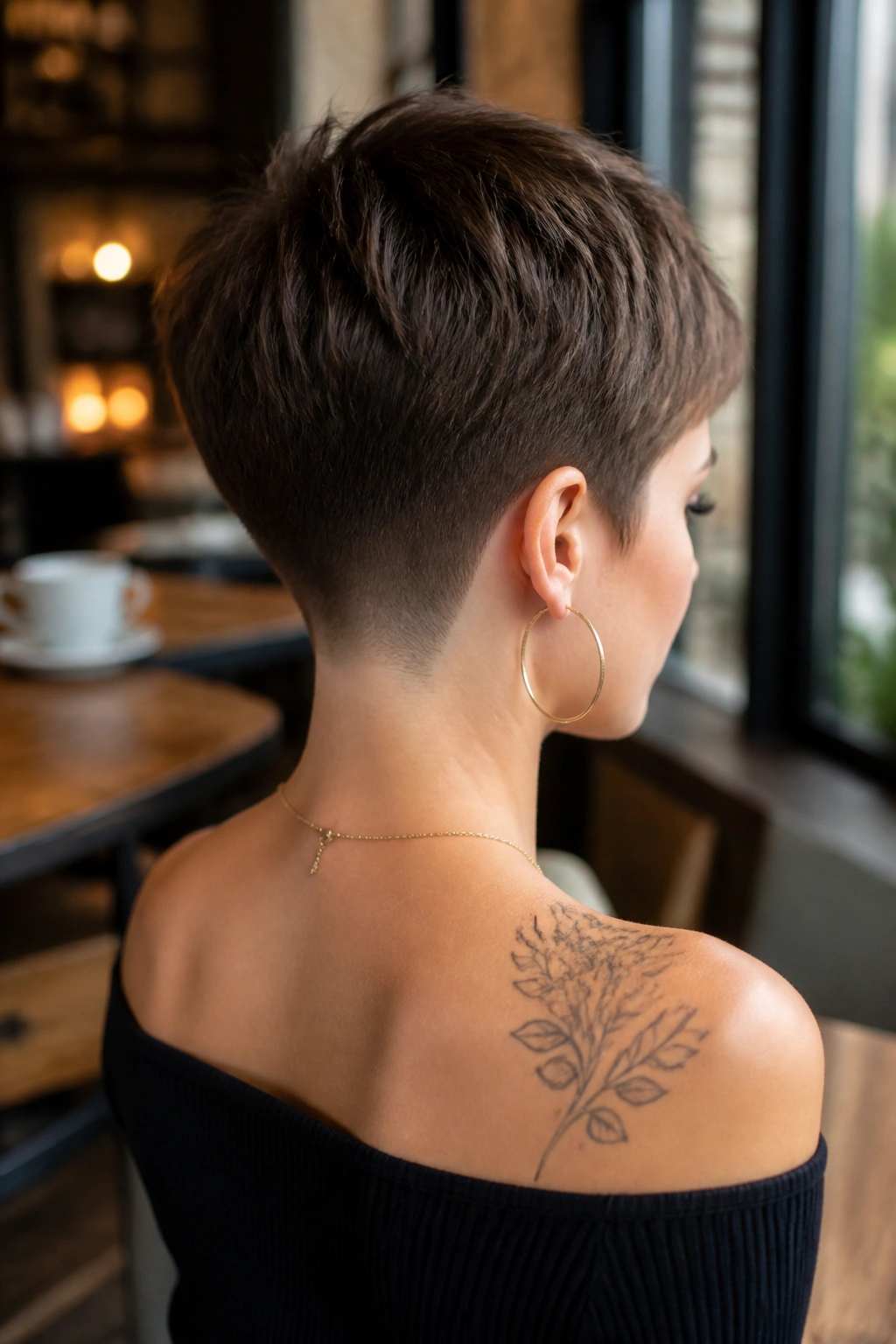 Three-quarter rear portrait of a real person with nape-shaved pixie and tapered layers