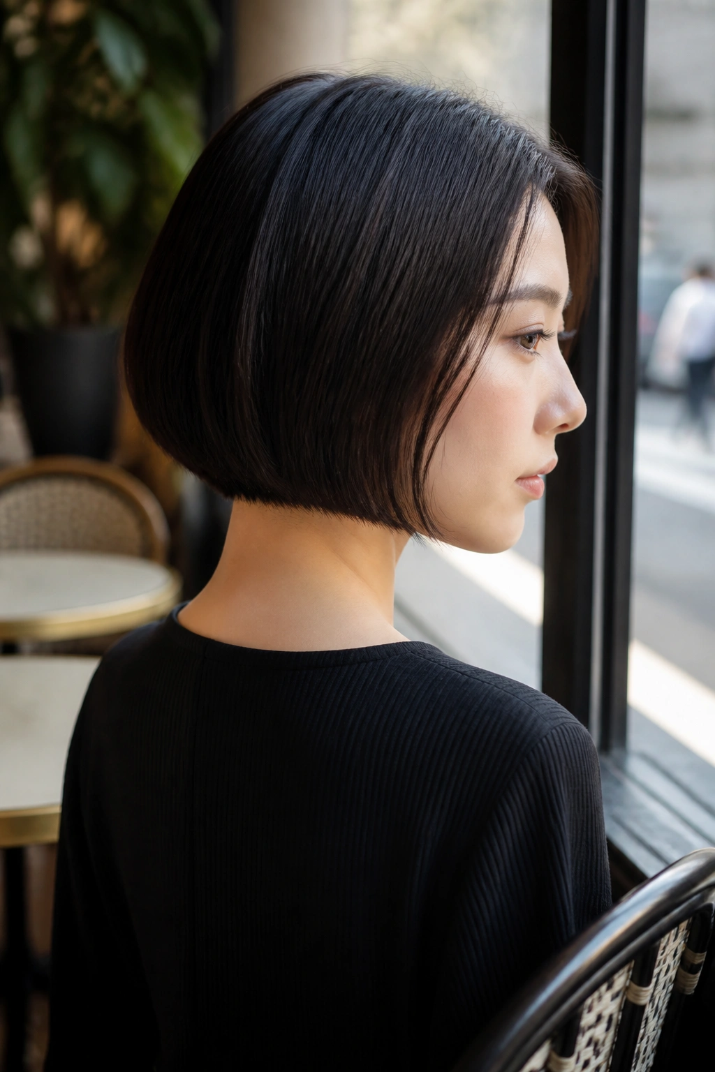 Close-up portrait of a real woman with a nape-skimming bob, back just above the collar.