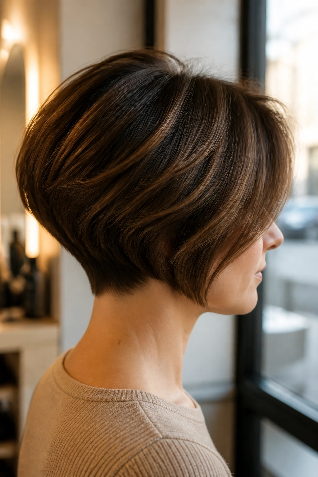 Close-up portrait of a real person with a classic nape-stacked bob showing crown lift and nape stacking in warm salon light
