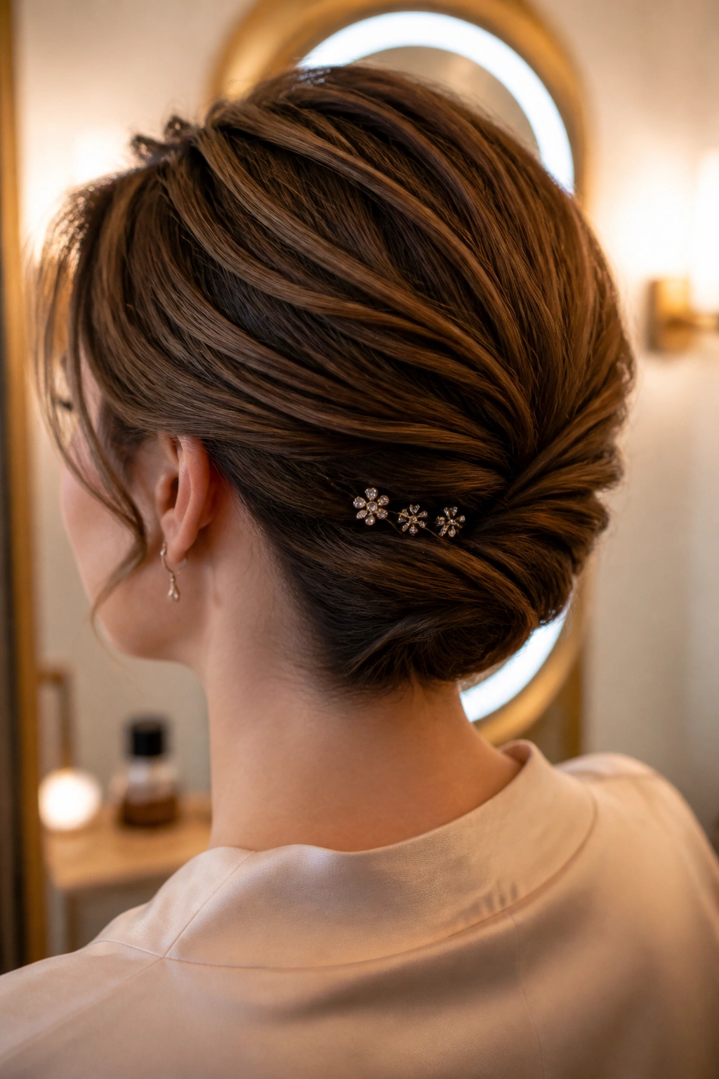 Real woman with hair swept to the nape and decorative pins securing the ends