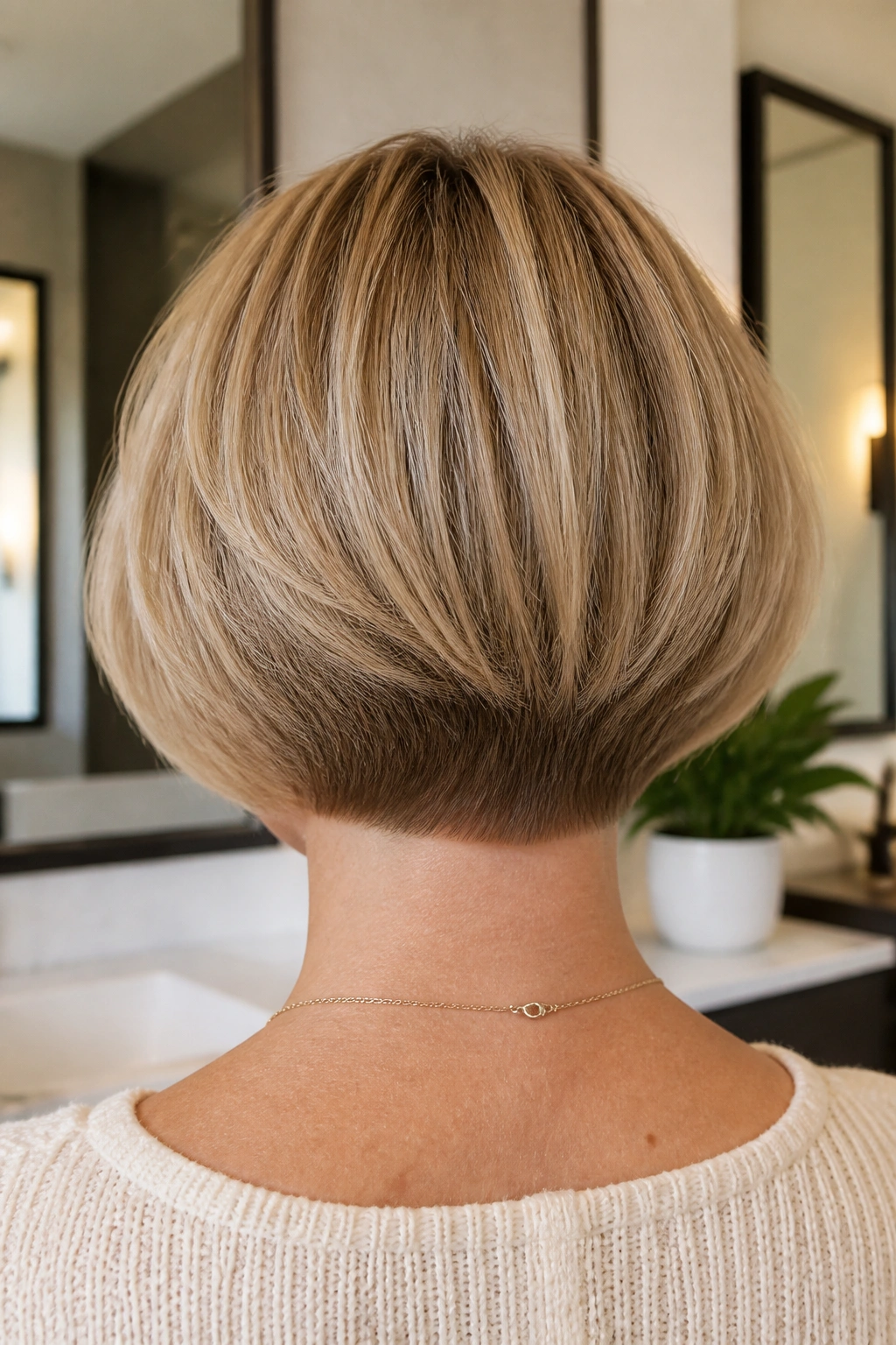 Back-of-head view of a neck-length bob with nape taper