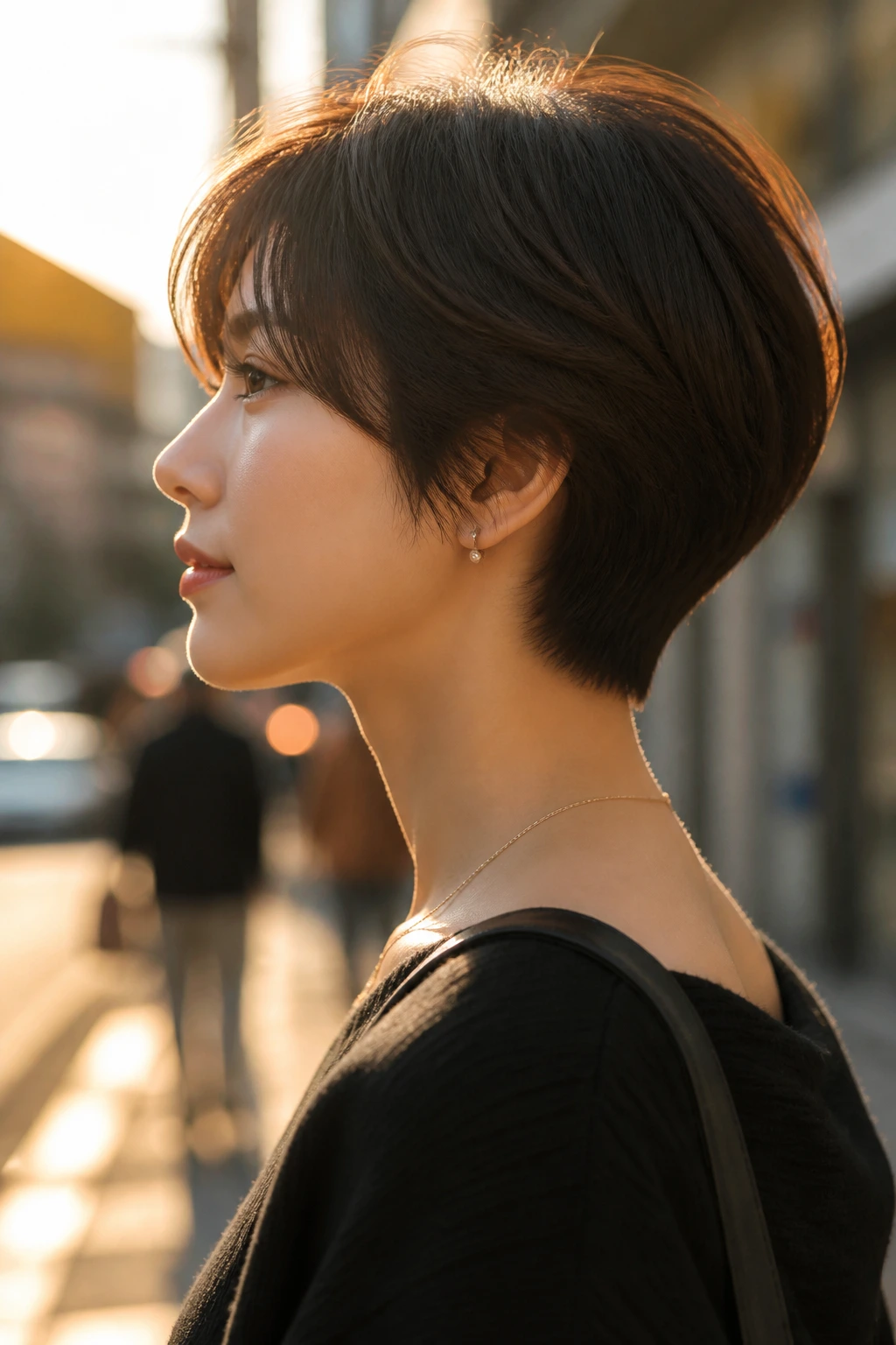 Side-profile of real woman with nape-tapered crop and longer top layers