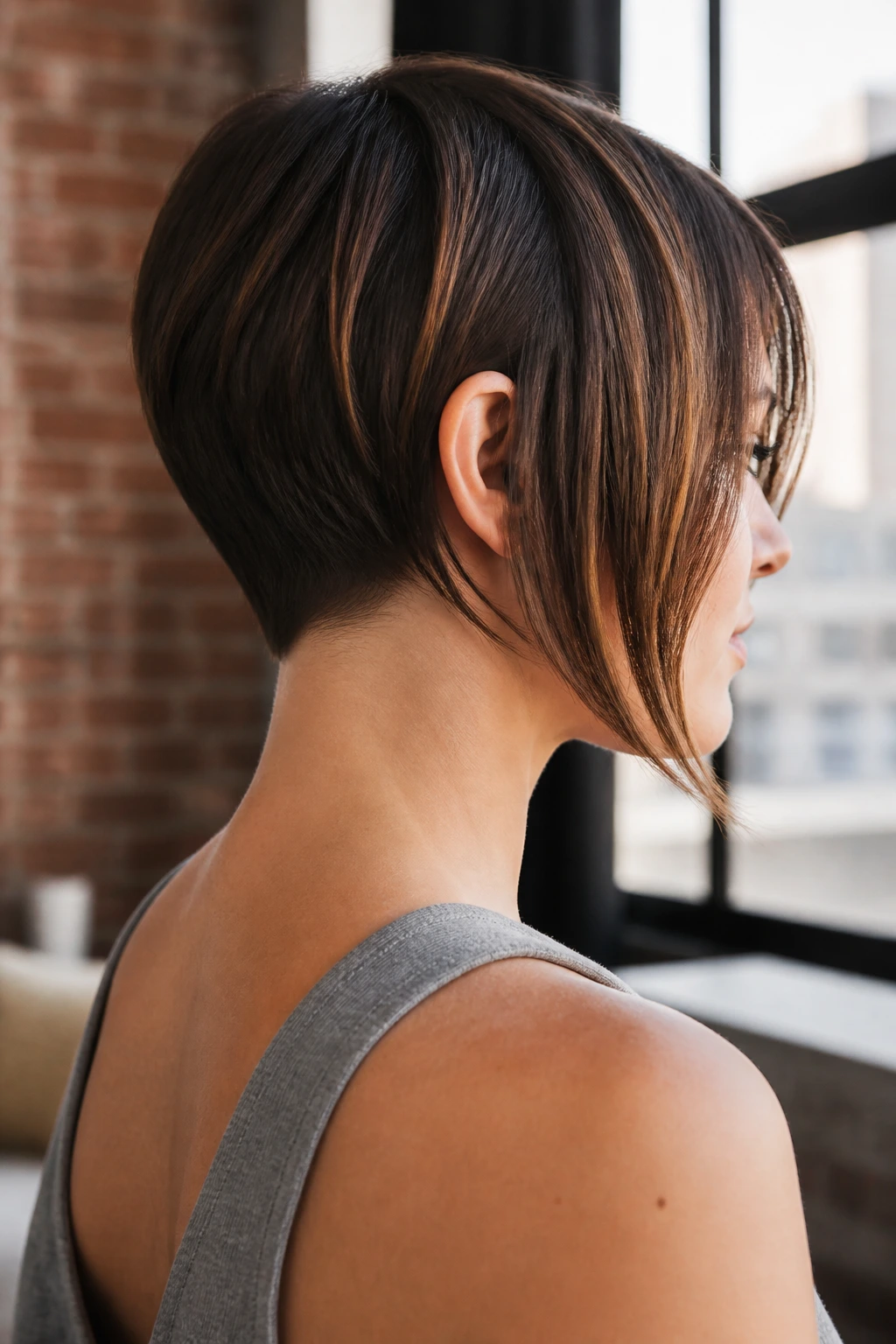 Real woman with a small nape undercut in an asymmetric bob