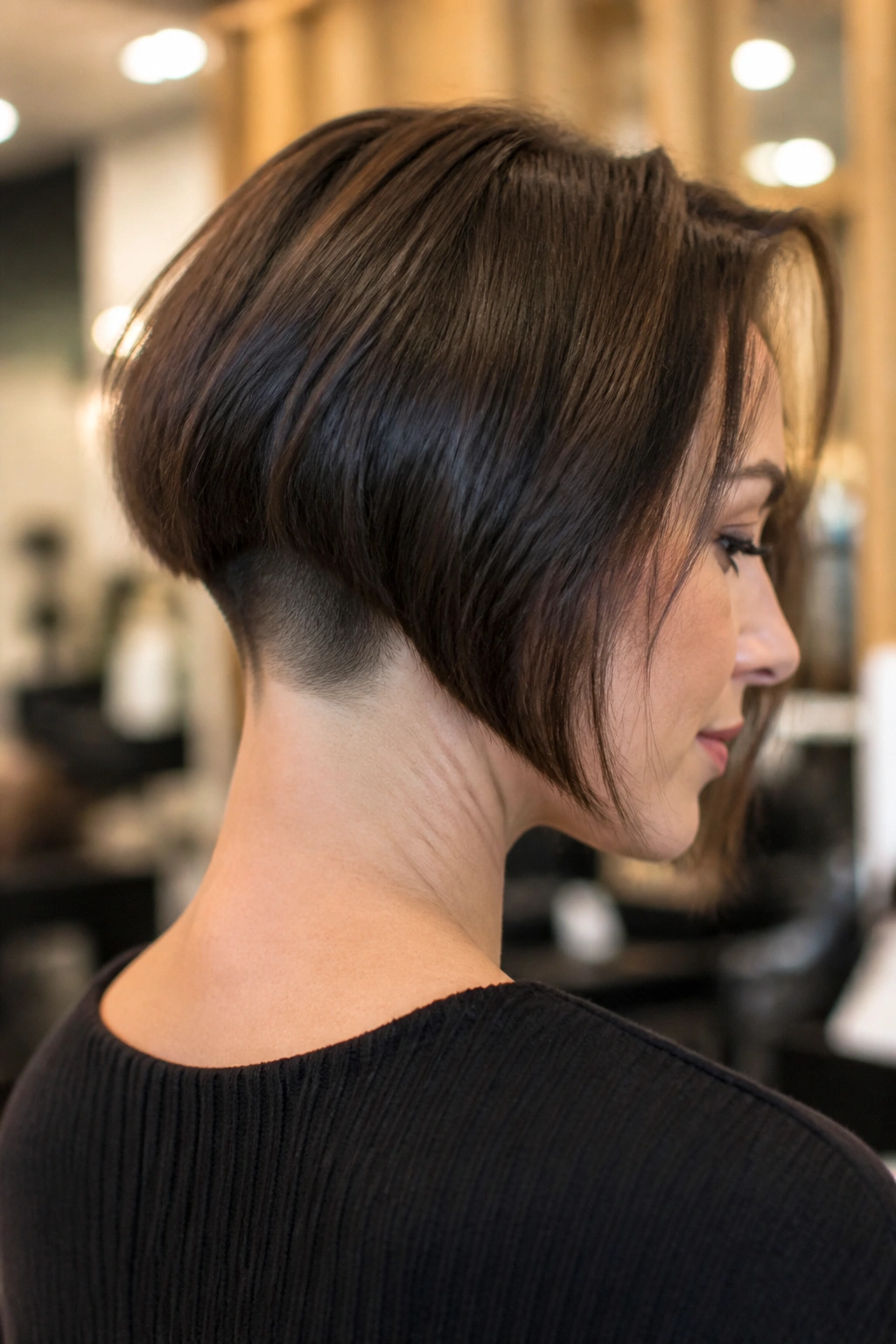 Close-up portrait of a woman with a classic nape undercut bob showing shaved nape panel.