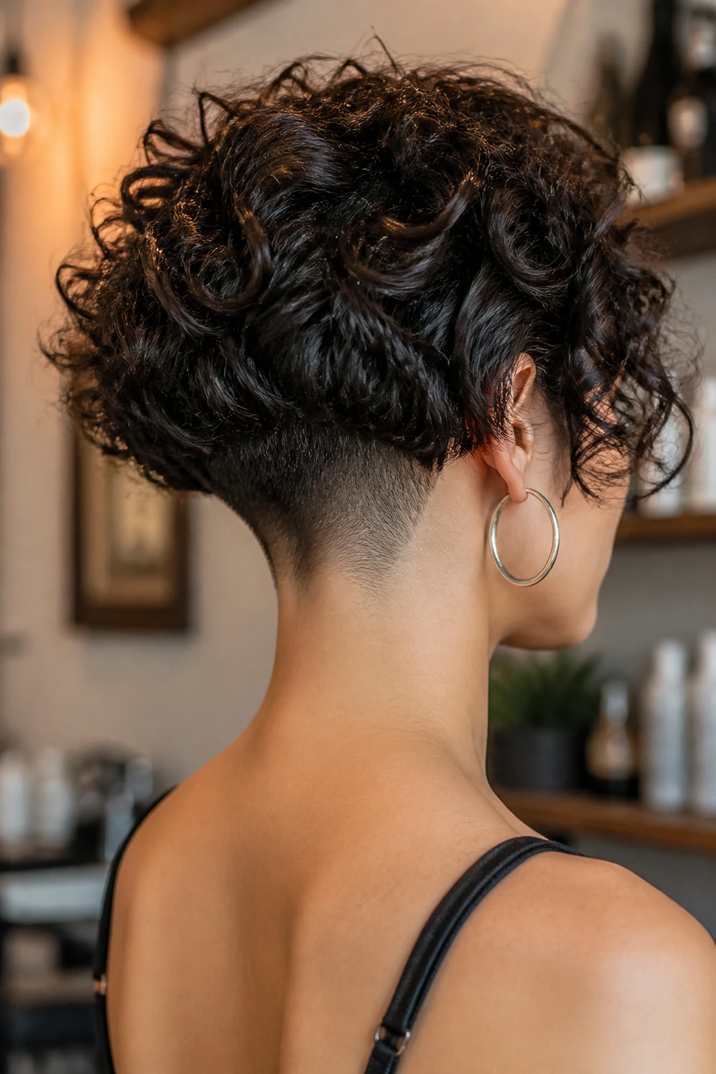 Portrait of a real woman with a visible nape undercut in a curly bob
