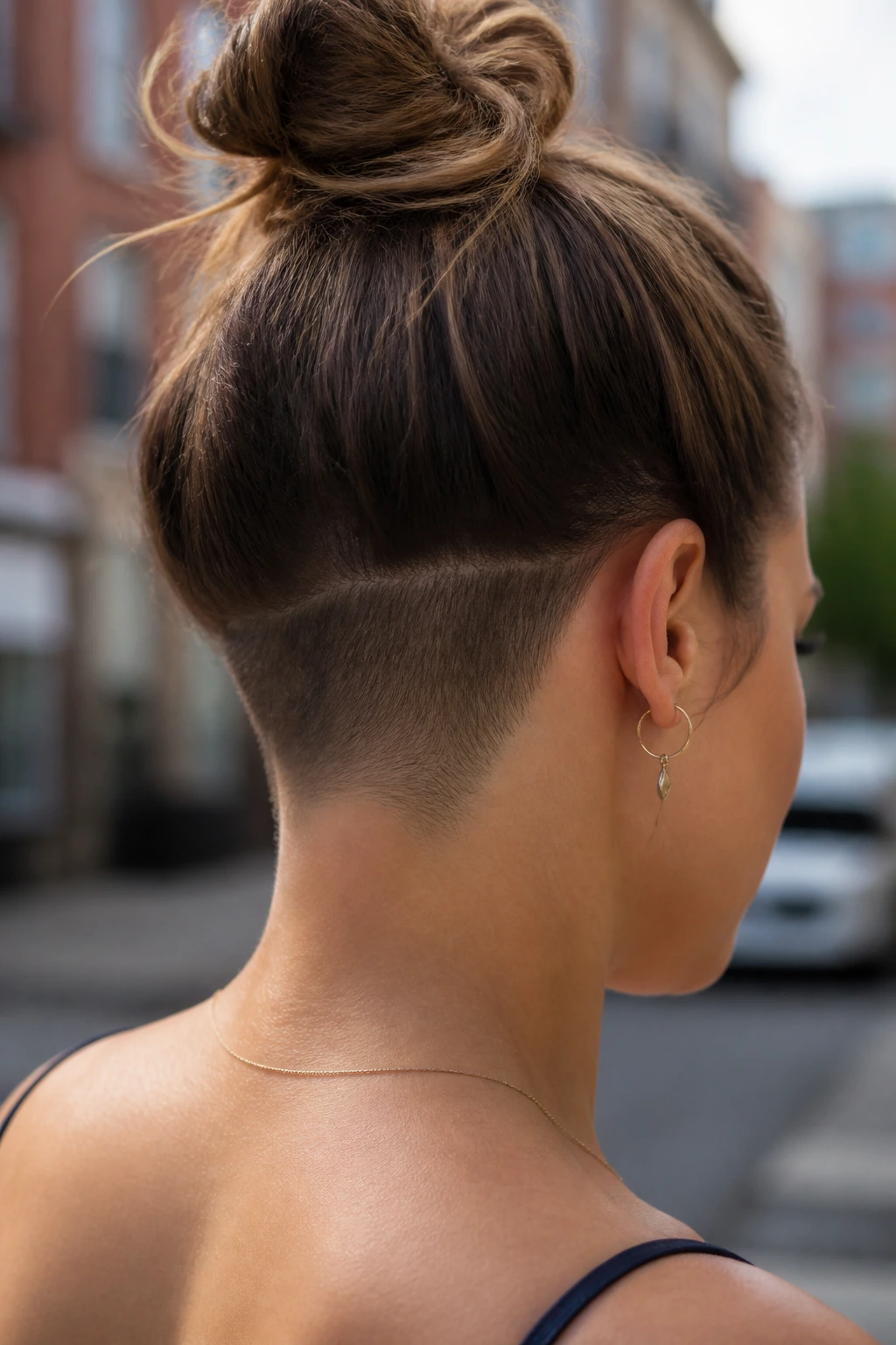 Portrait of a woman with a nape undercut visible at the nape.
