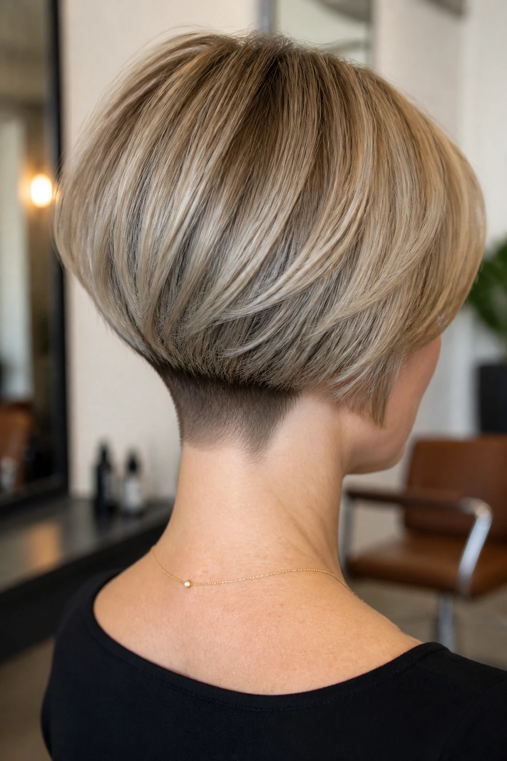 Back view of real woman with a nape undercut stacked bob.
