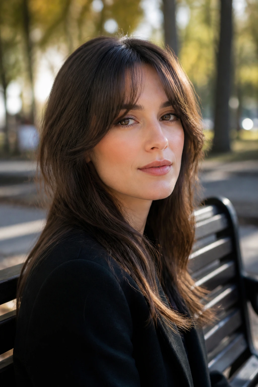 Close-up portrait of a woman with soft curtain bangs curving outward to widen the jaw
