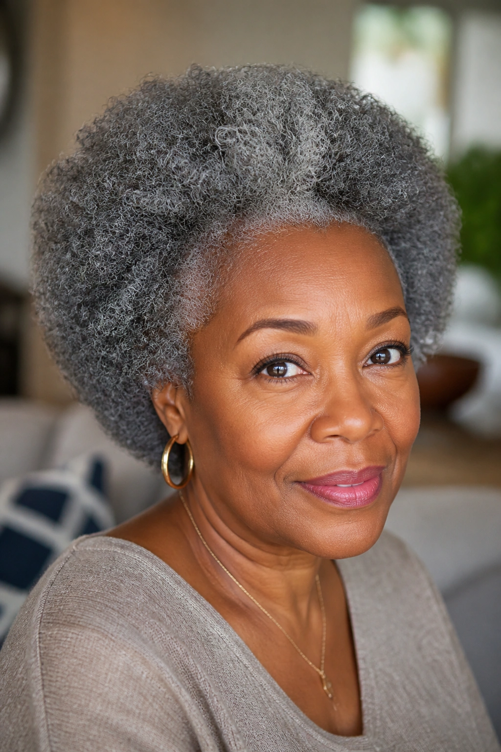 Close-up of an older woman with natural grey afro and shaped edges