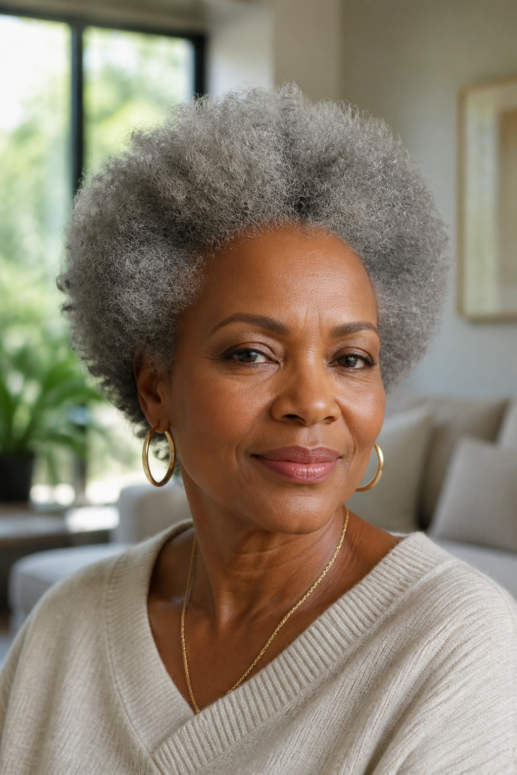 Portrait of a woman with a soft-shaped natural Afro in silver tones.