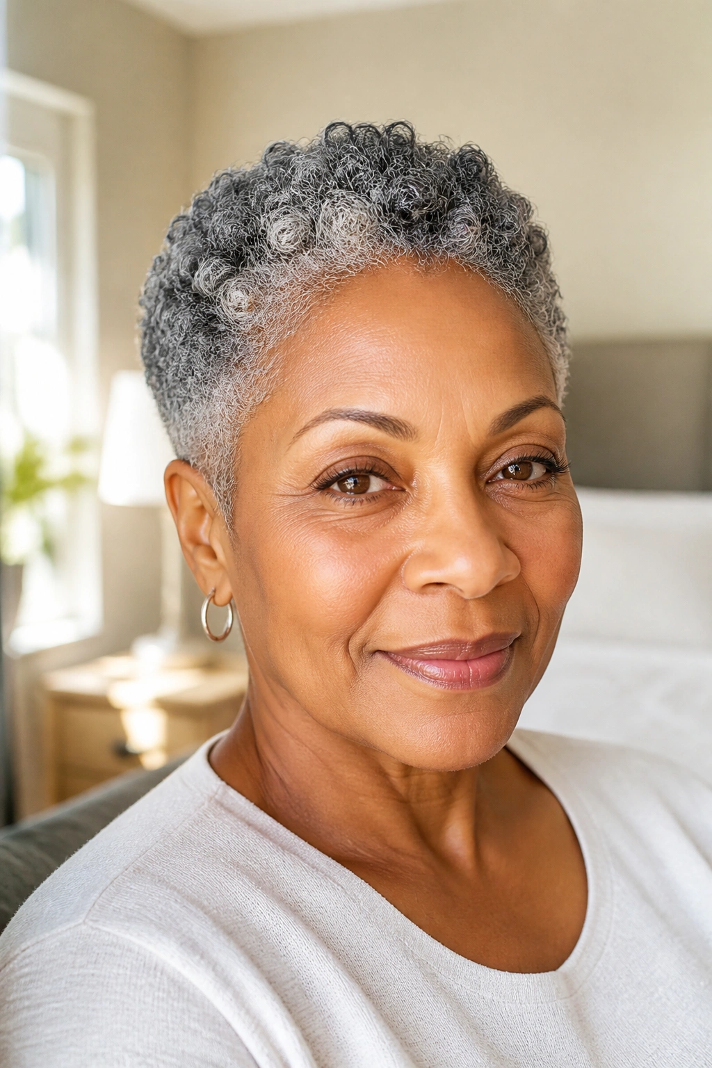Close-up of natural gray coils shaped close to the head