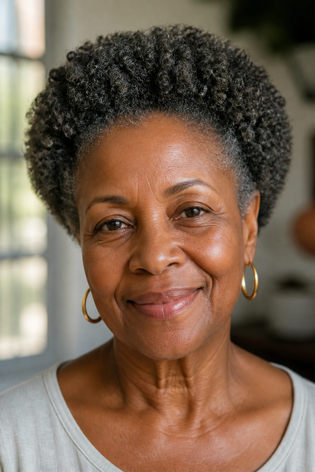 Close-up portrait of a real woman with halo-shaped natural coils in warm window light