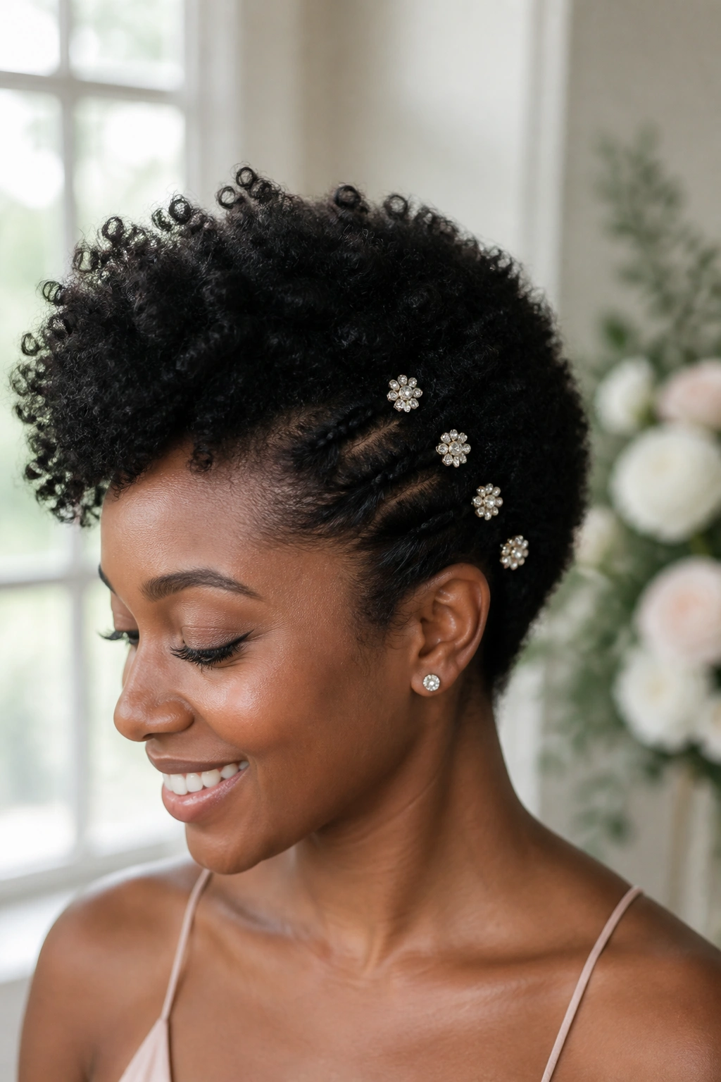 Close-up of natural coils with jewel pins on one side in a bright room
