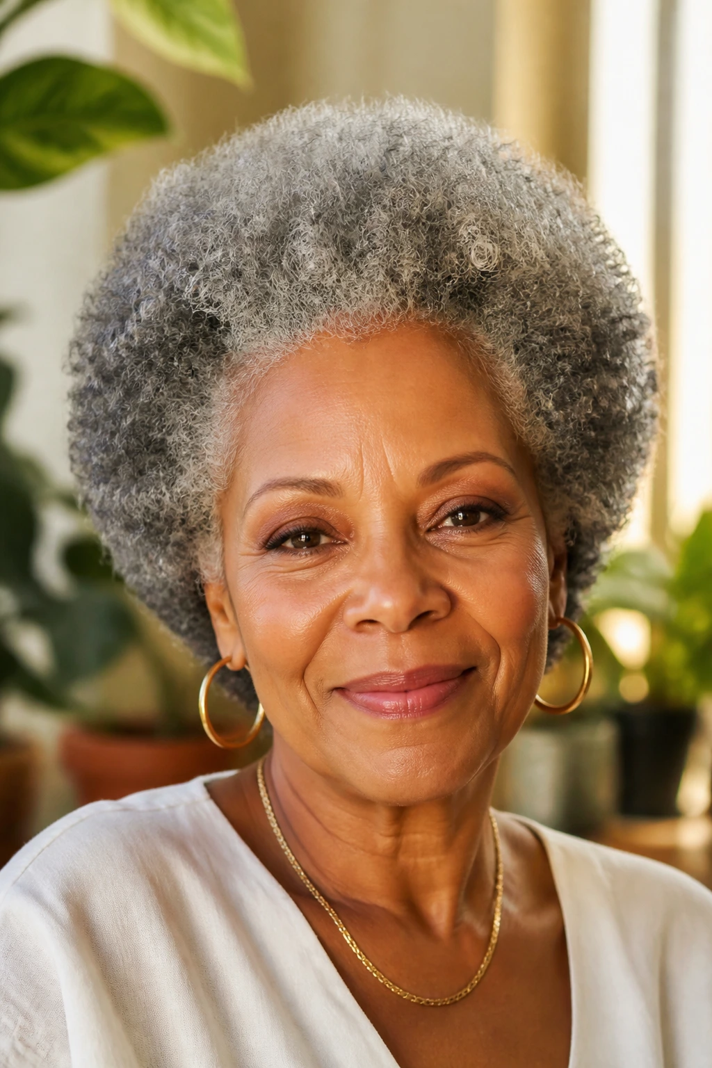 Portrait of a woman with natural gray coils shaped into a rounded halo
