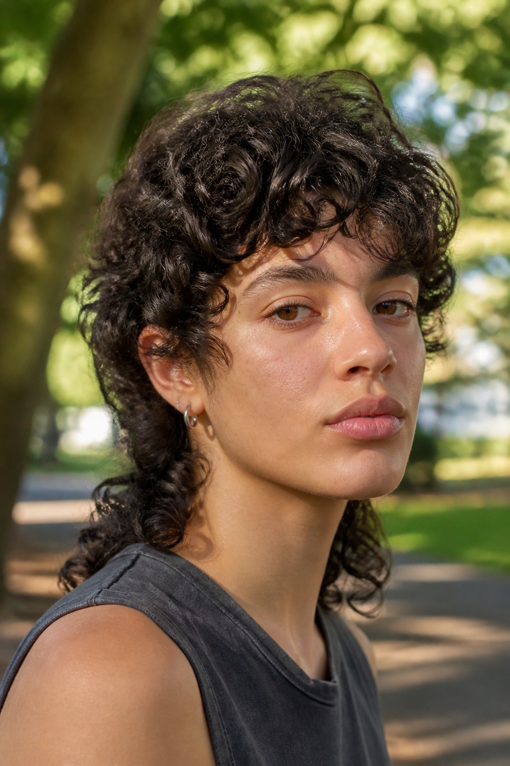 Close-up of a real person with natural curl mullet showing defined crown curls and tapered nape.