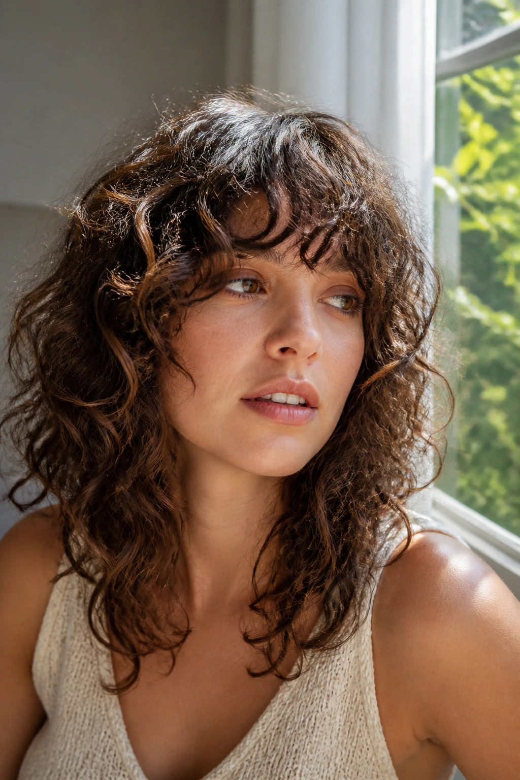 Close-up of a real woman with natural curls in an air-dried shag under daylight