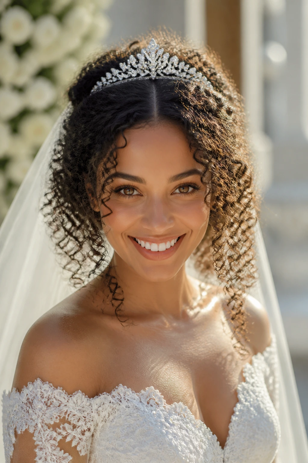 Bride with natural curls and center tiara in sunlit room