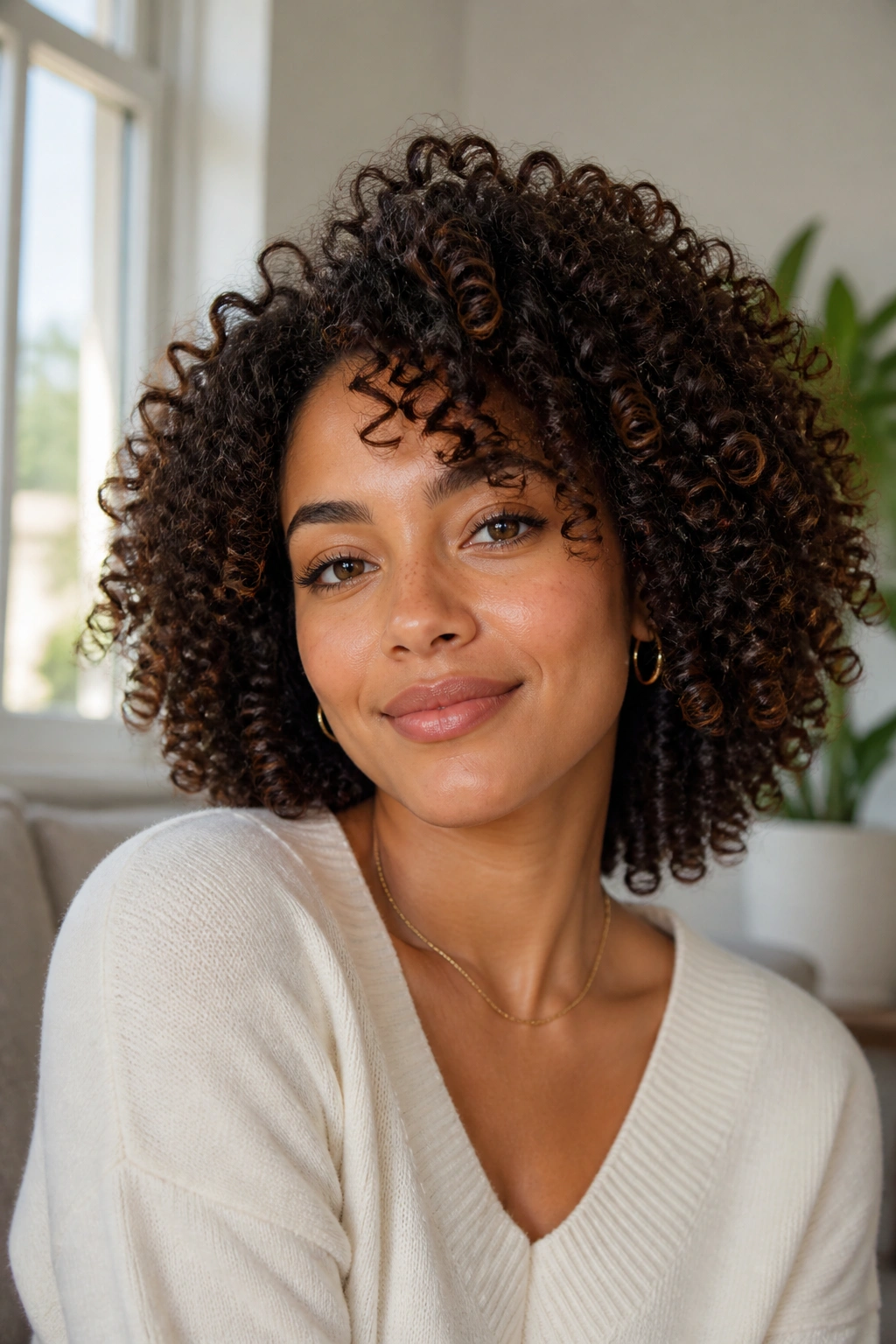 Close-up portrait of a woman with defined natural curls.