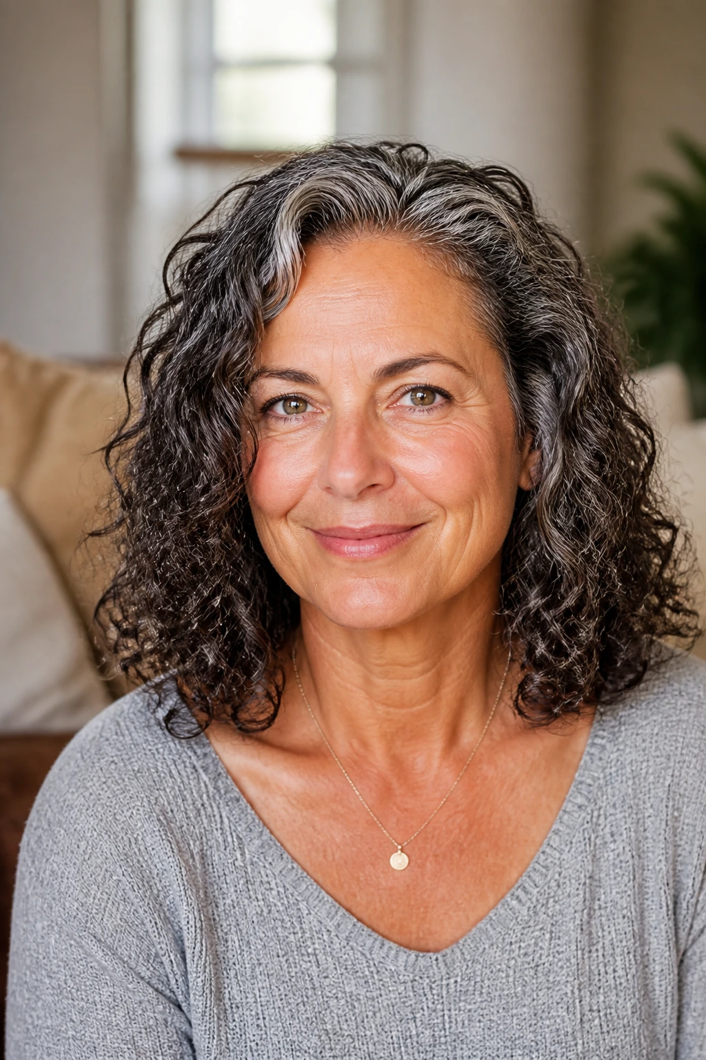 Close-up portrait of a real woman with shoulder-length natural curls