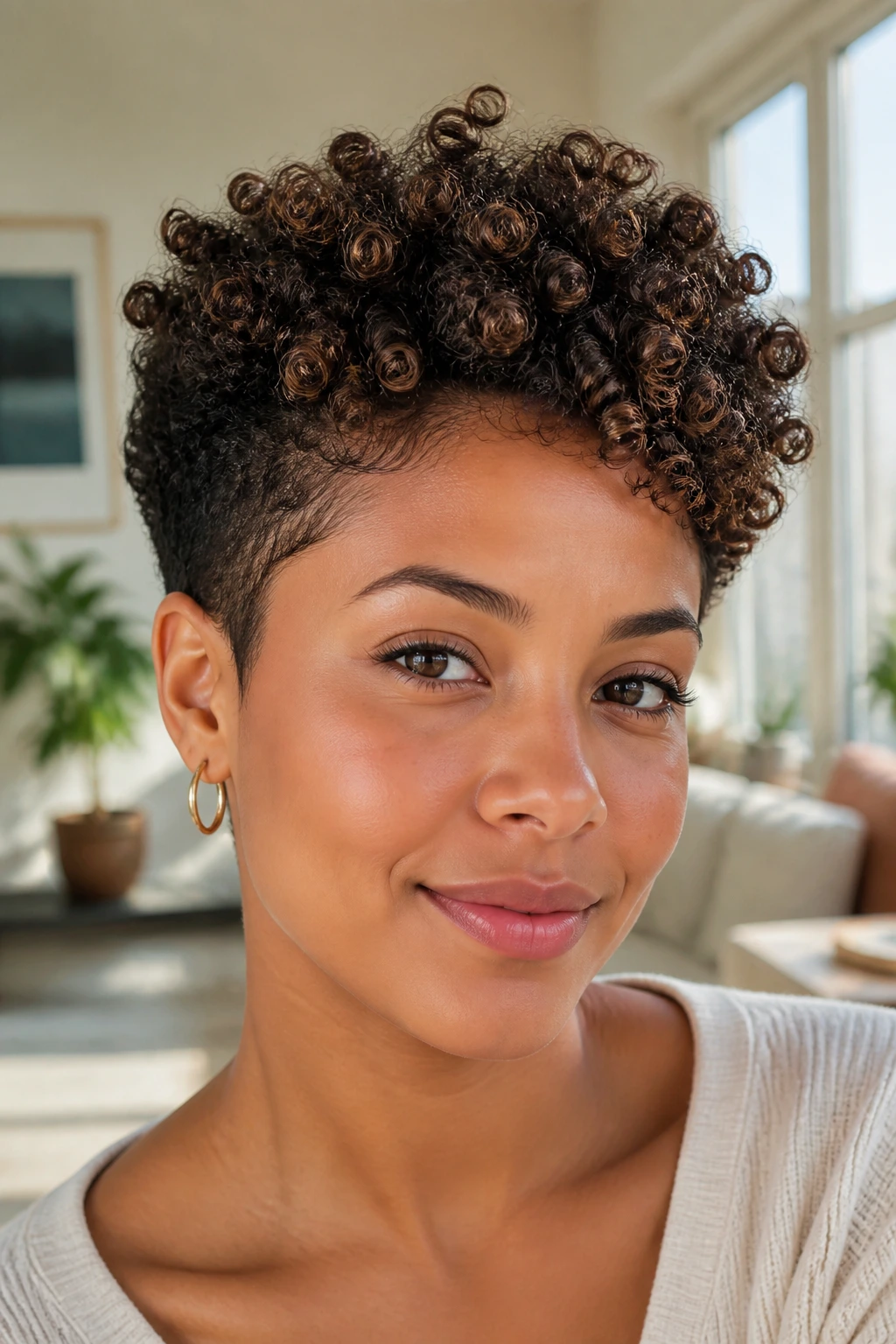 Close-up portrait of a woman with soft tapered natural curls hairstyle