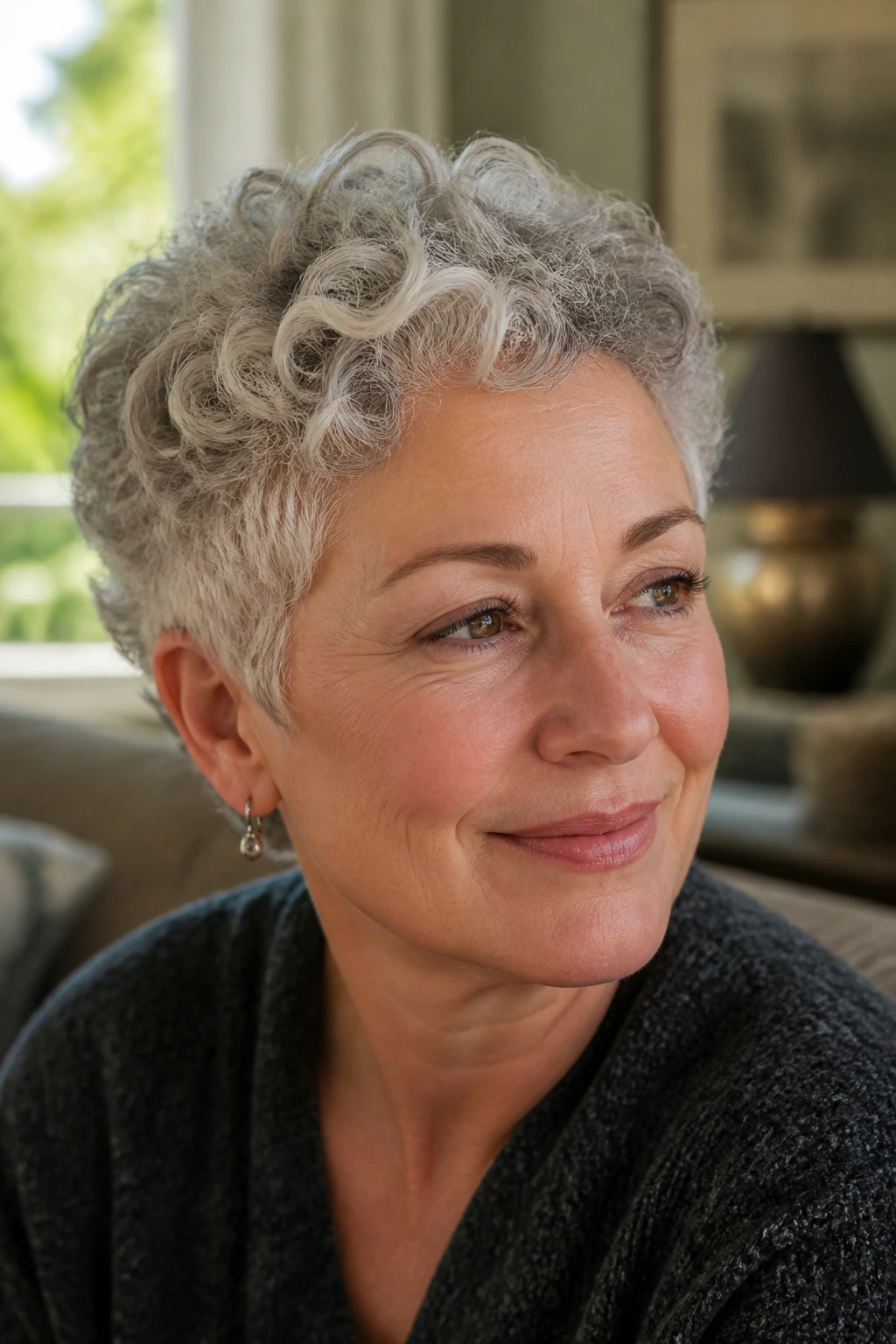 Close-up of an older woman with a natural curly crop showing texture