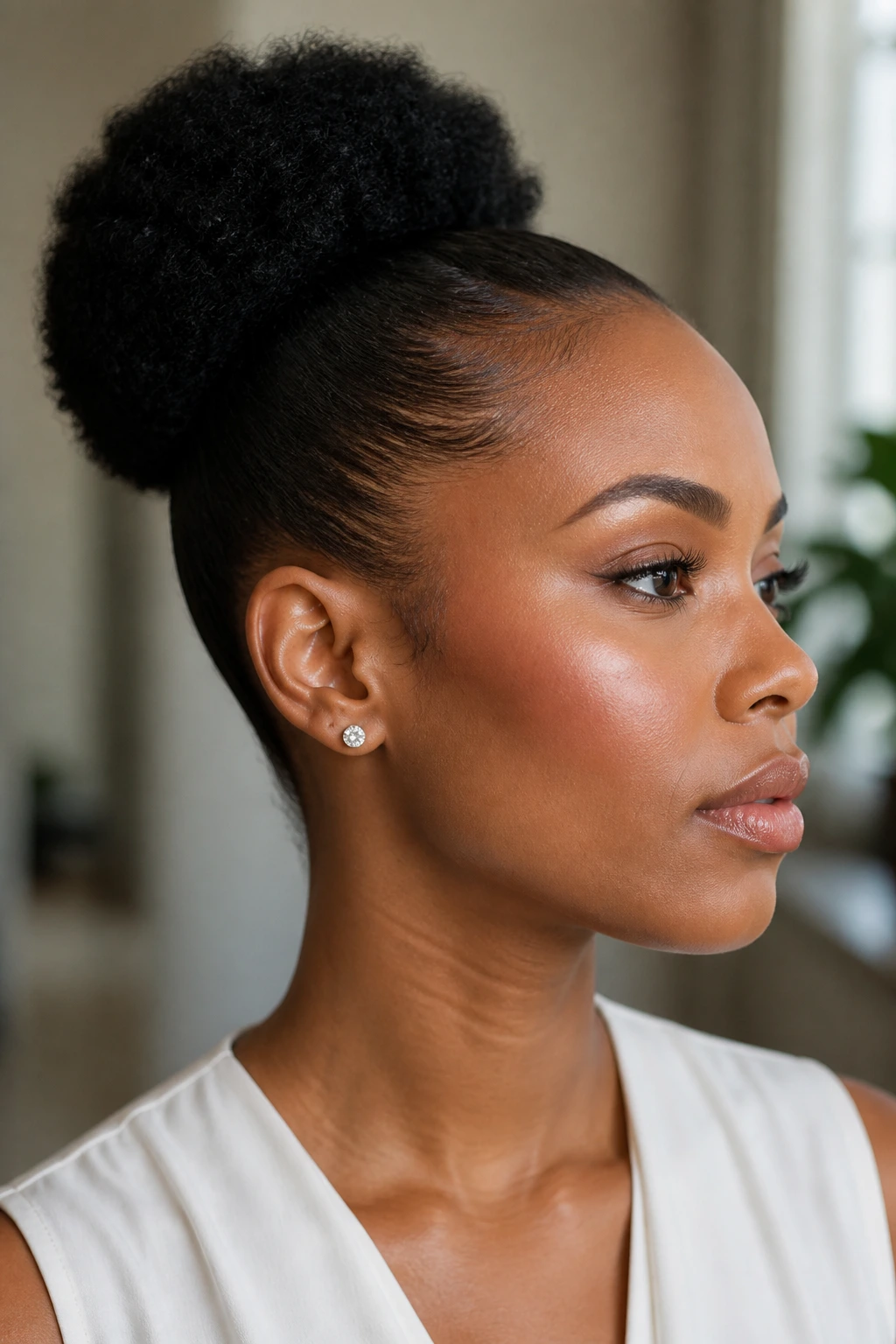 Portrait of a real woman with natural hair puff and low bun