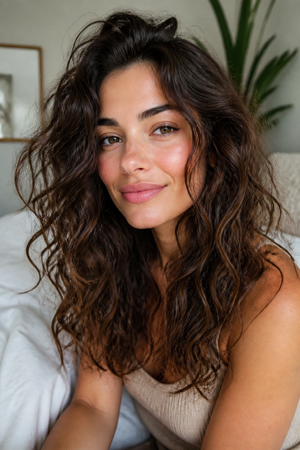 Close-up portrait of a real woman showing natural texture after air-drying with curl cream.