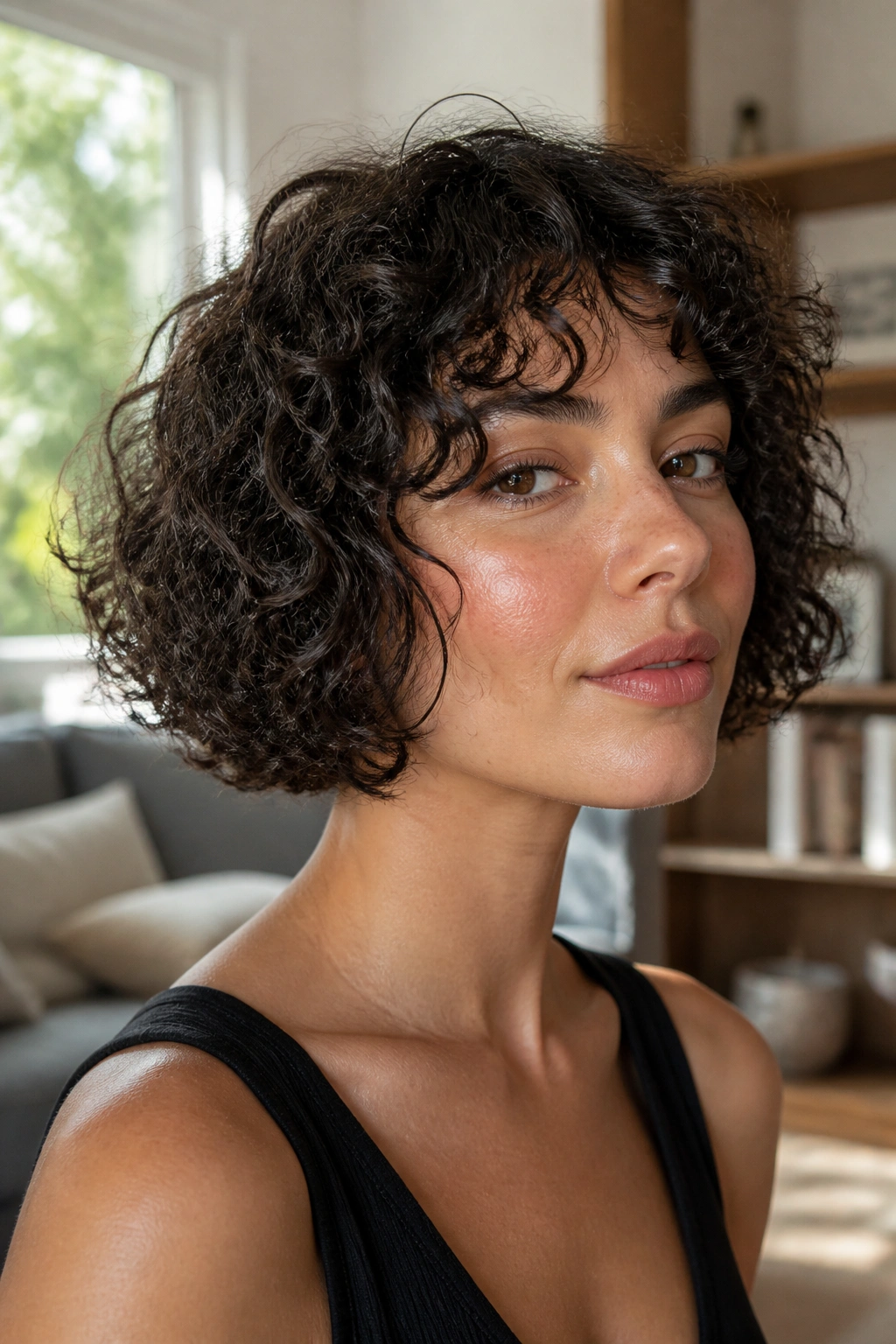 Close-up of a woman with a jaw-skimming curly French bob.