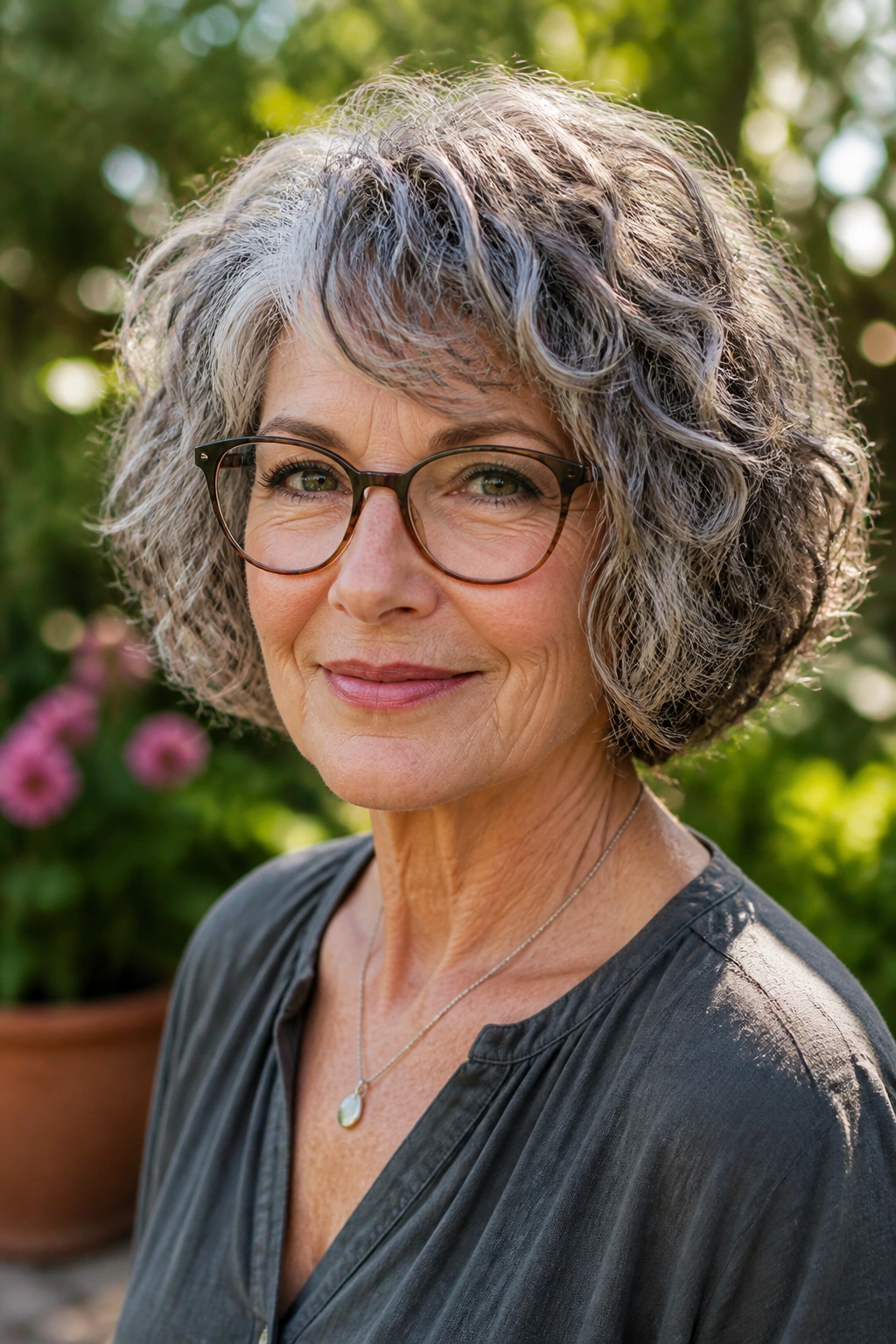 Close-up of a real woman with a naturally curly layered bob in a sunny garden