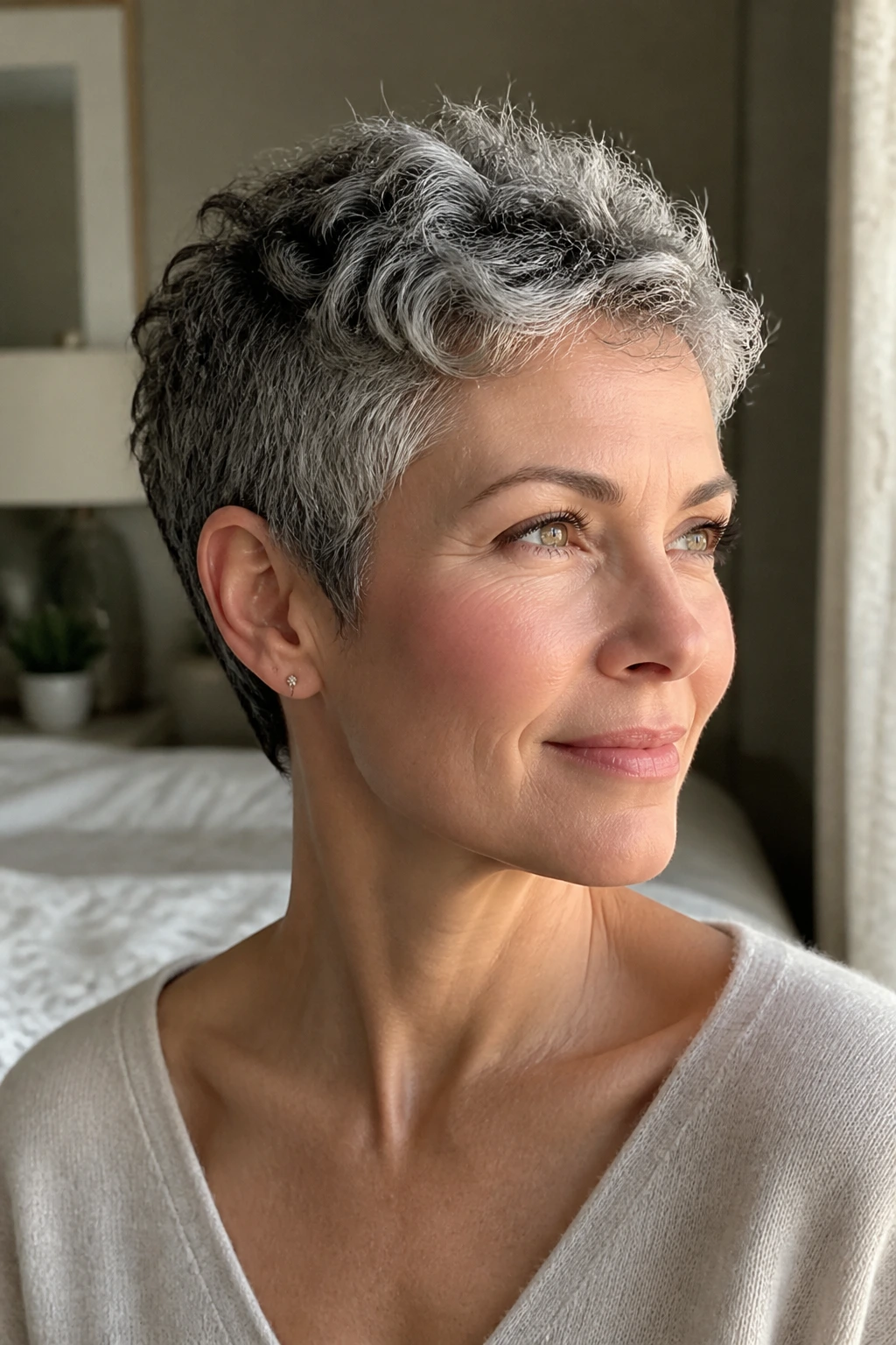 Portrait of a real woman with naturally textured cropped hair in cozy morning light