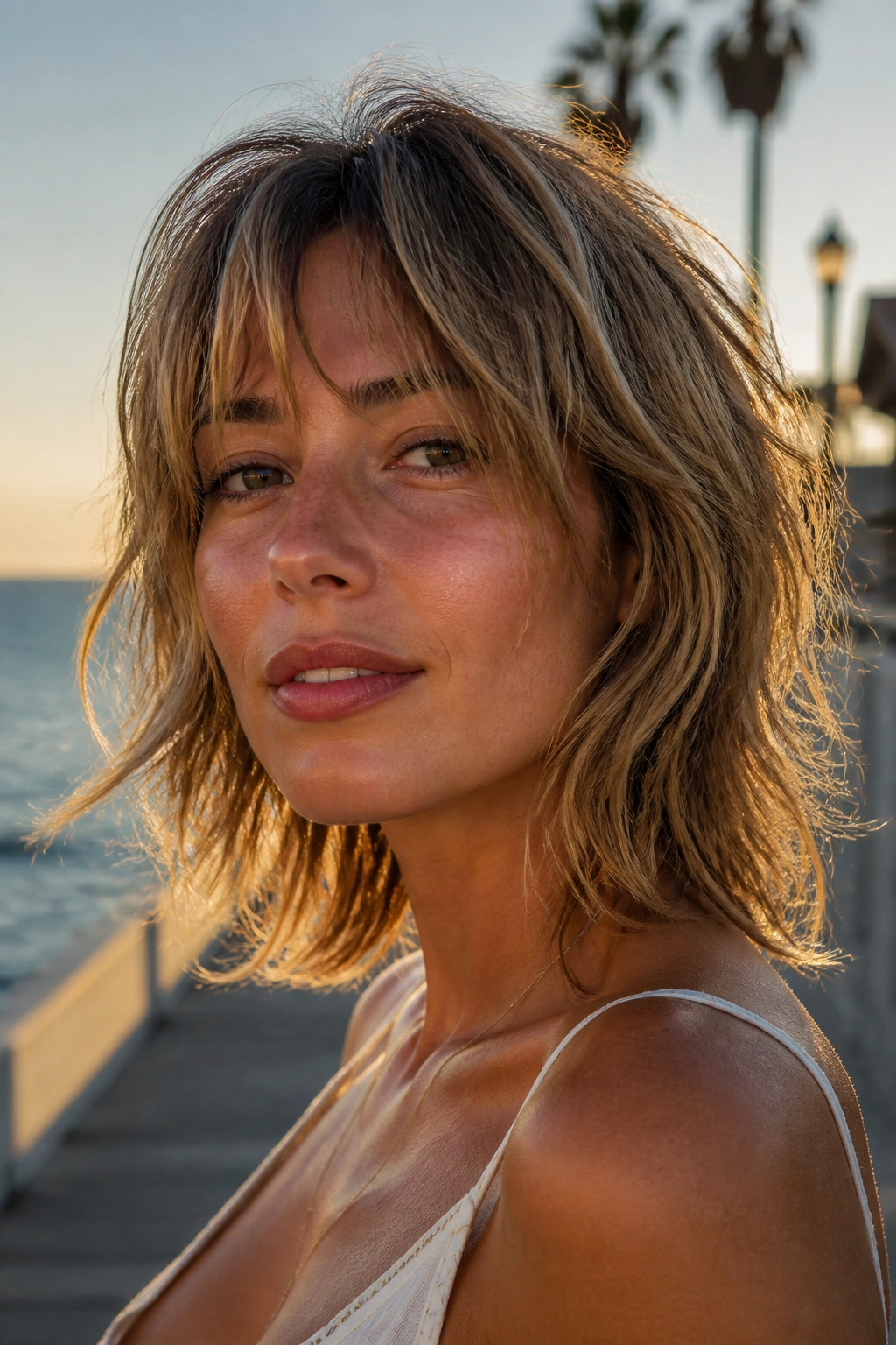 Real woman with neck-grazing layers and bangs on a beachy shag at seaside