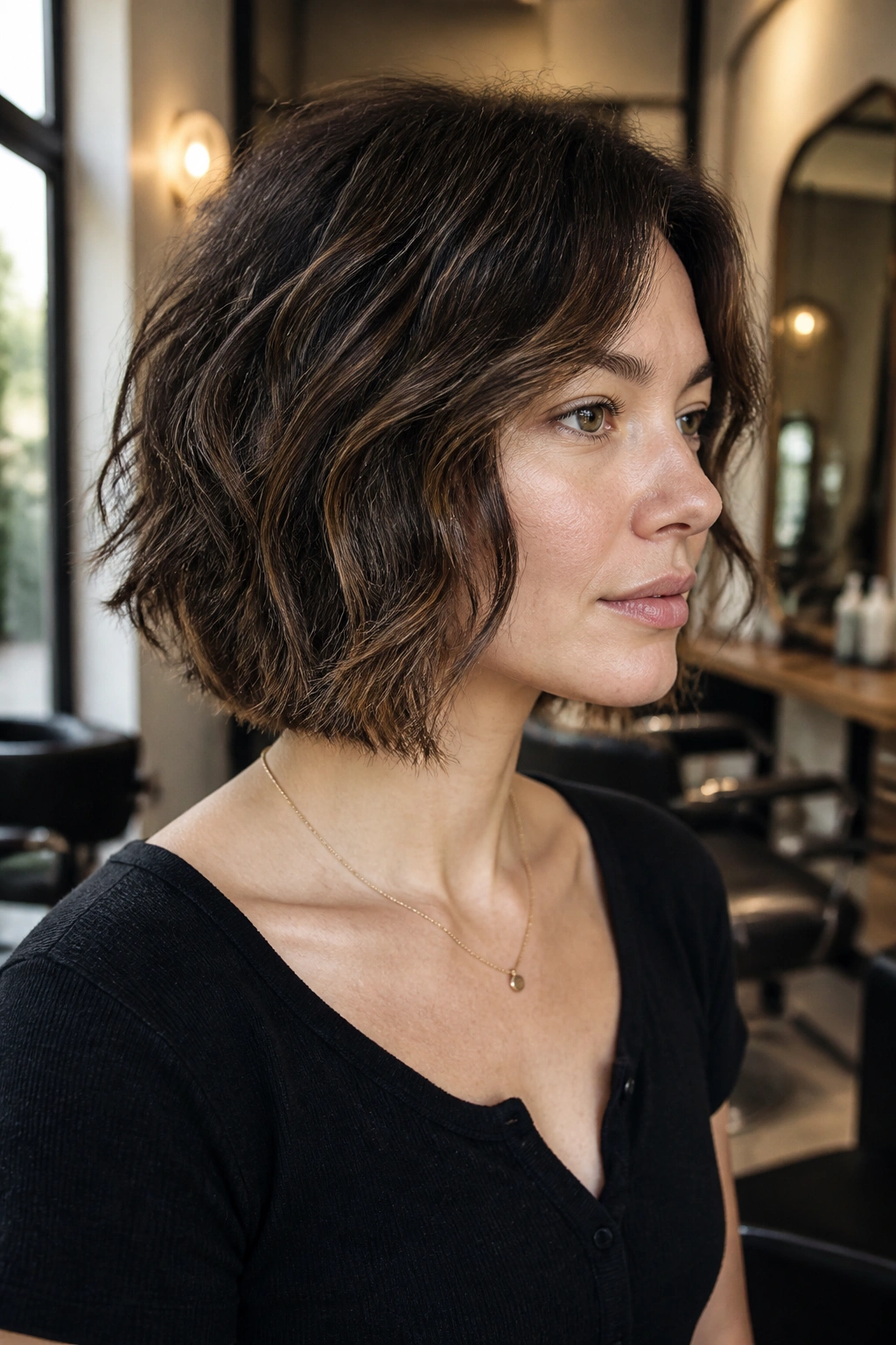 Real person with neck-grazing layered bob, soft silhouette and neck-length ends