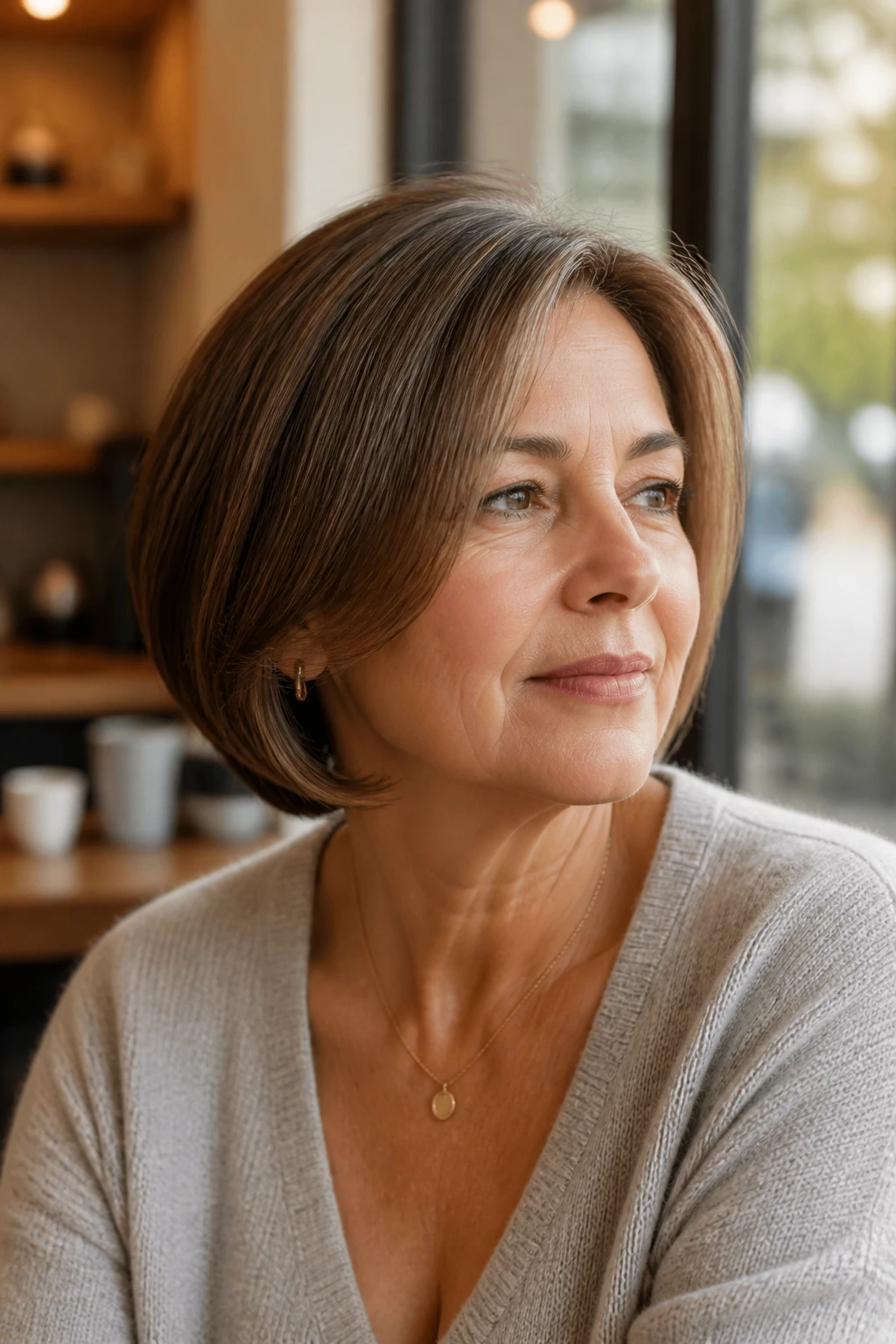 Portrait of a real woman with a neck-grazing bob and tucked ends in warm cafe light.