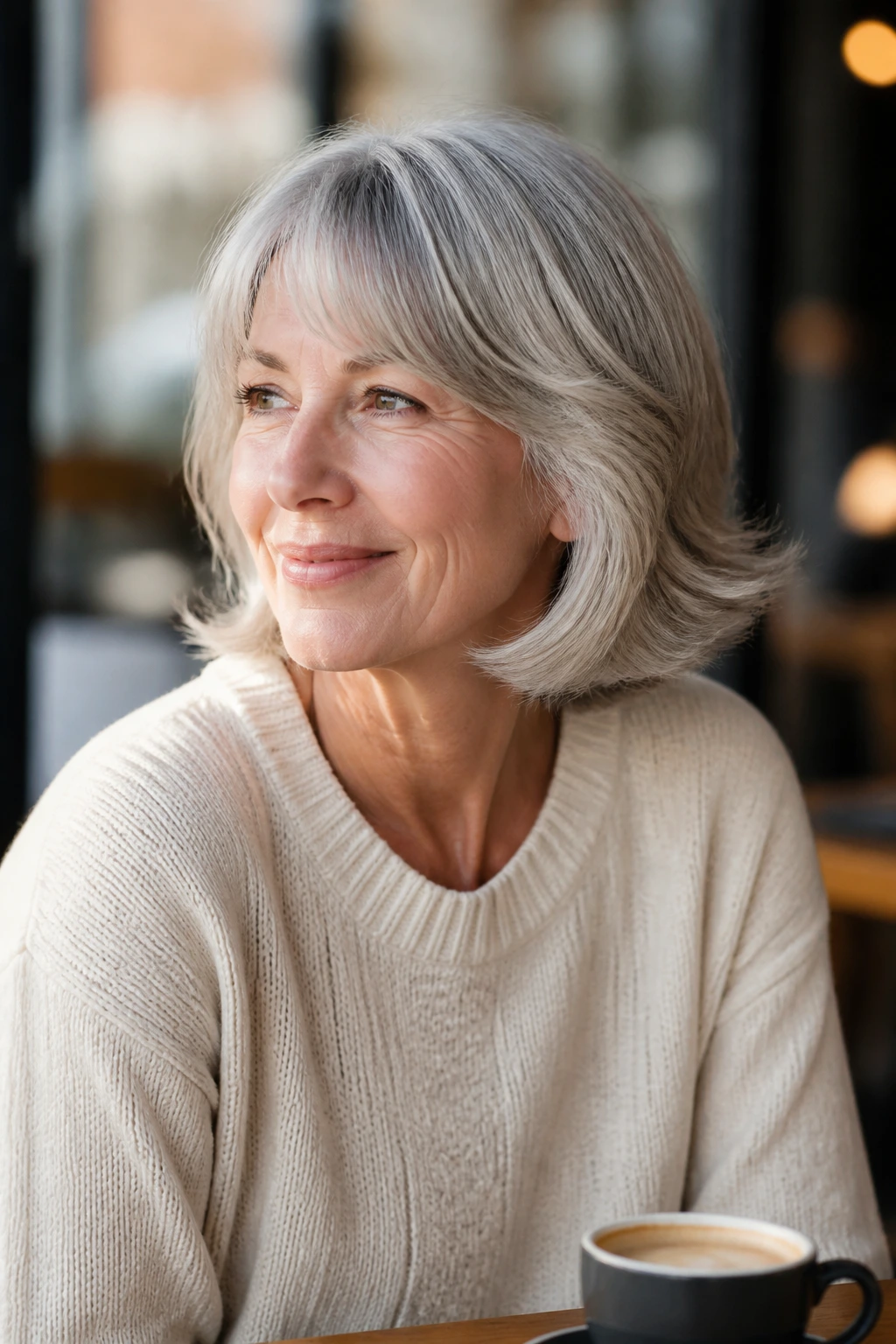 Portrait of an older woman with a neck-grazing bob and outward flipped ends