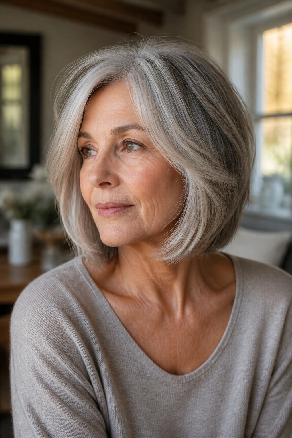 Close-up of a real woman with a neck-grazing layered bob showing soft layers