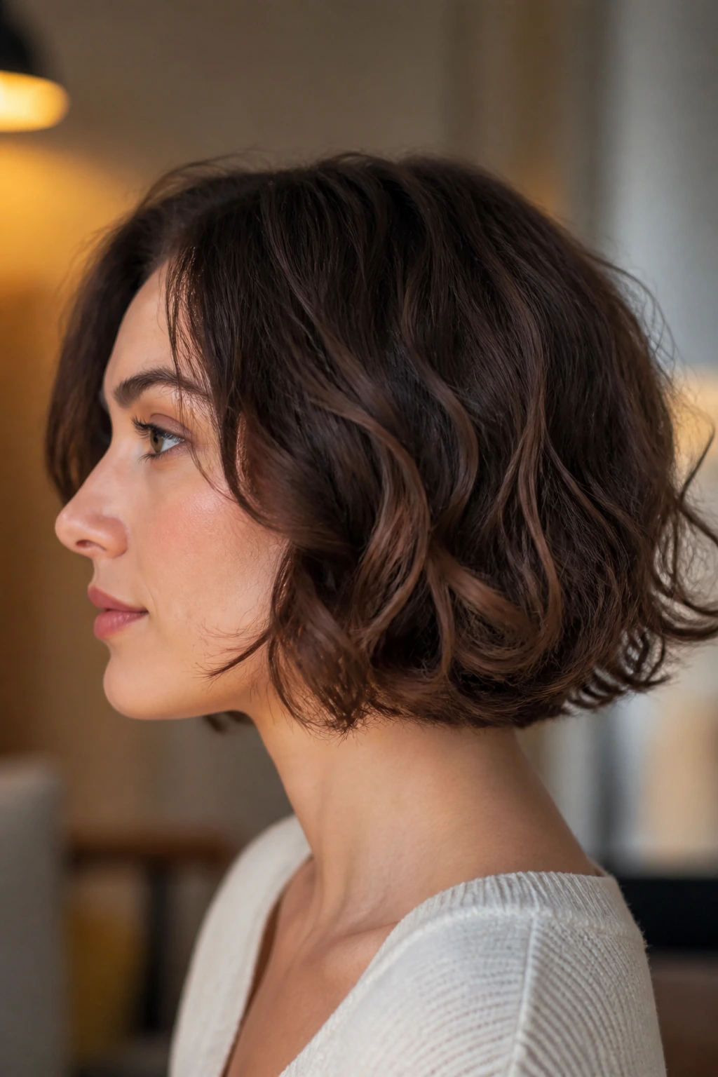 Profile view of a woman with a neck-grazing lob and soft ends
